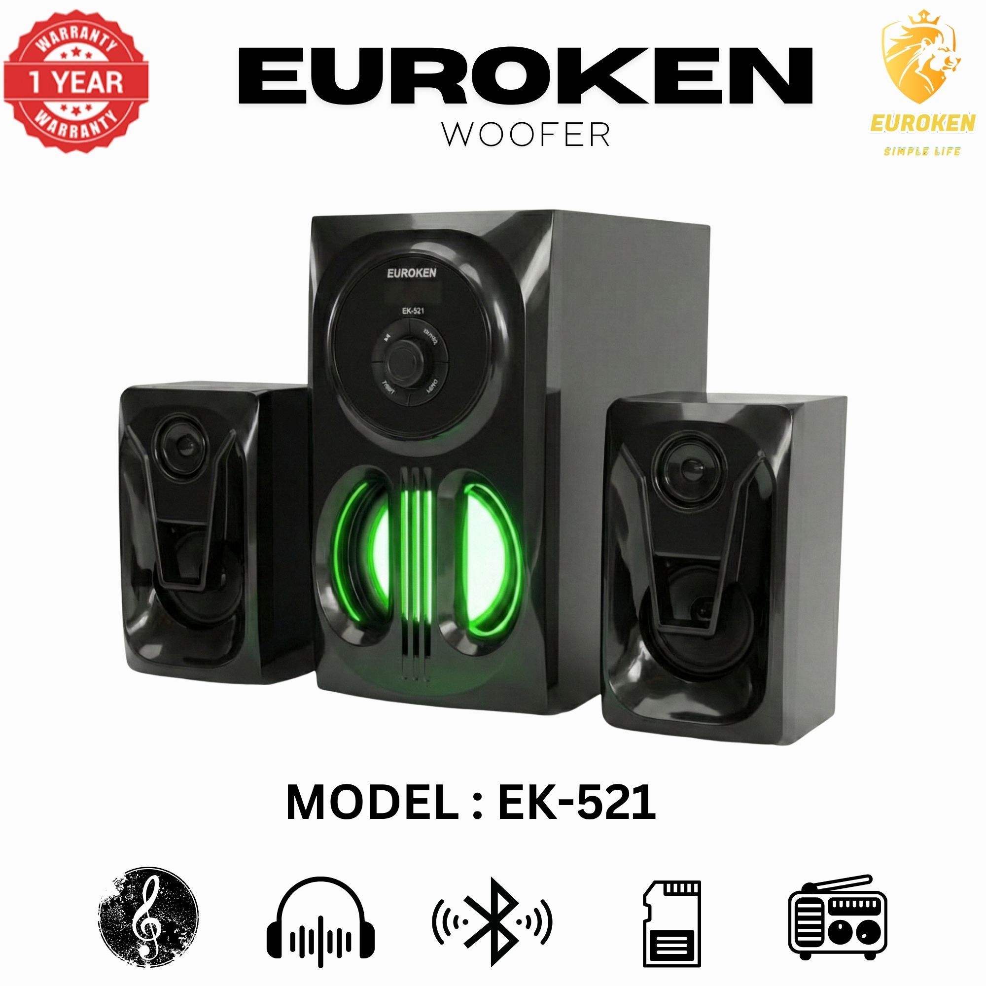 【Exclusive Offer】 Euroken EK-521 2.1CH Subwoofer Speaker 1200W PMPO Woofer Home Theatre Audio Speaker System BLUETOOTH/FM/SD/USB With Remote Control