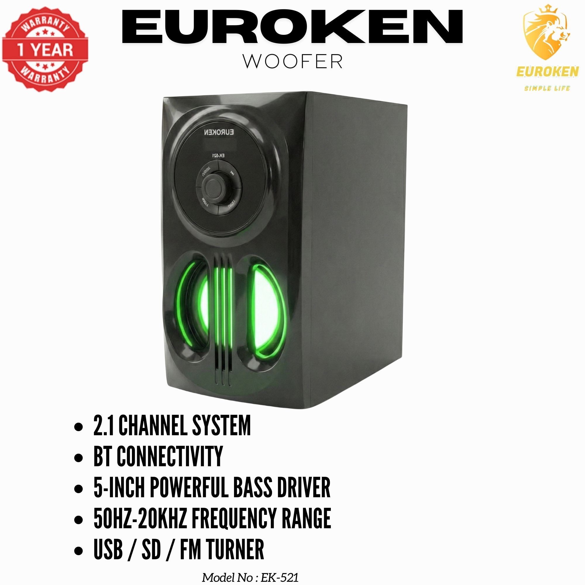 【Exclusive Offer】 Euroken EK-521 2.1CH Subwoofer Speaker 1200W PMPO Woofer Home Theatre Audio Speaker System BLUETOOTH/FM/SD/USB With Remote Control