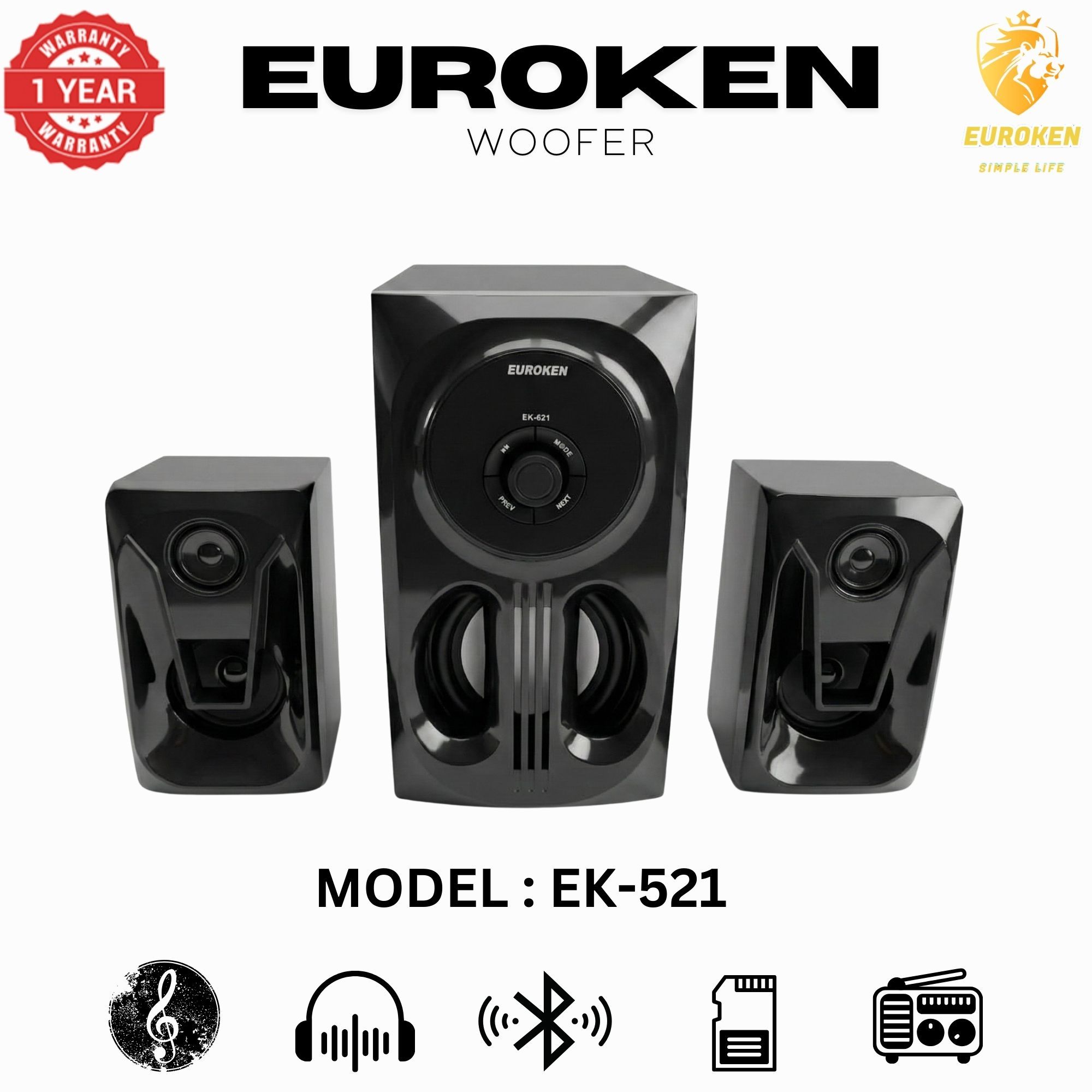 【Exclusive Offer】 Euroken EK-521 2.1CH Subwoofer Speaker 1200W PMPO Woofer Home Theatre Audio Speaker System BLUETOOTH/FM/SD/USB With Remote Control