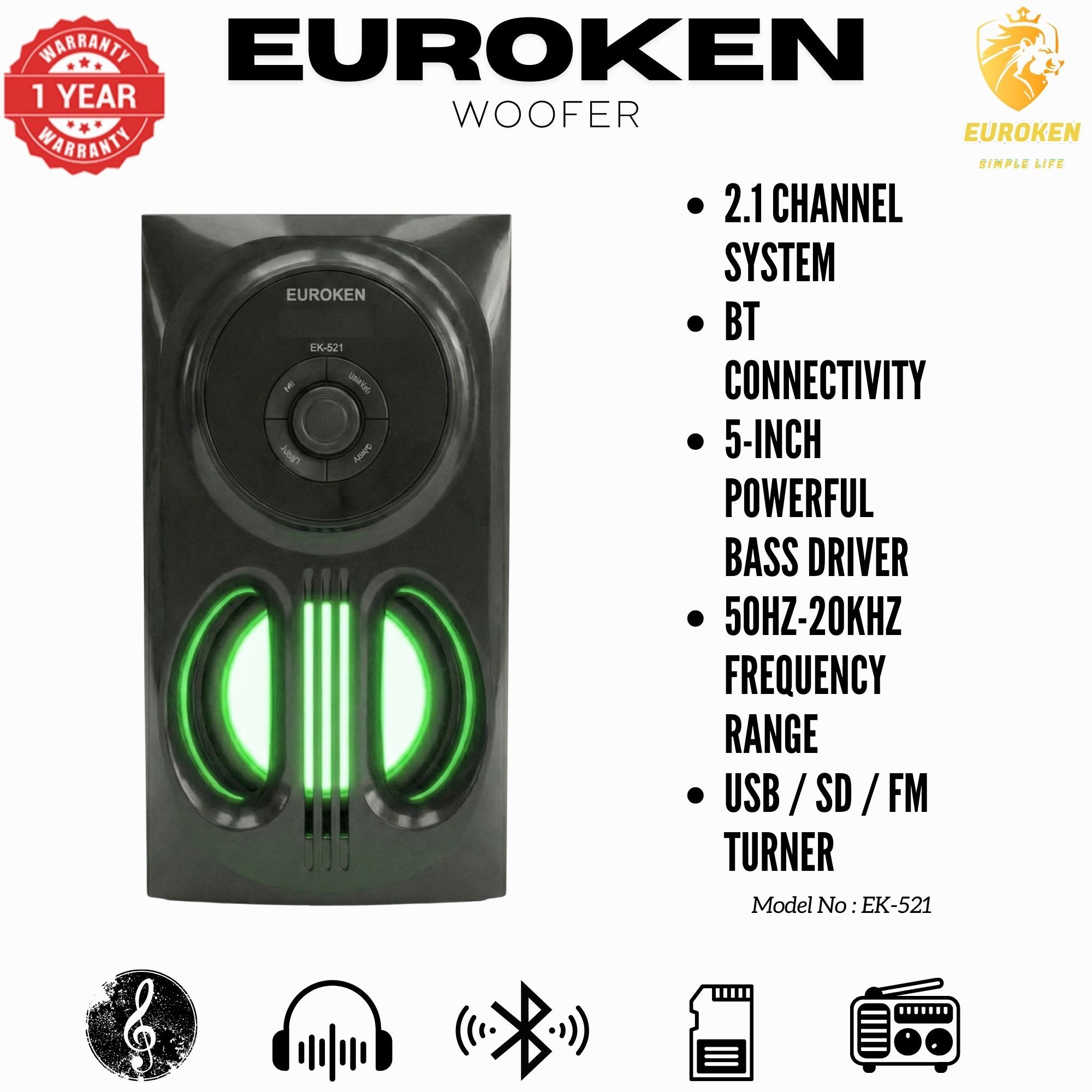 【Exclusive Offer】 Euroken EK-521 2.1CH Subwoofer Speaker 1200W PMPO Woofer Home Theatre Audio Speaker System BLUETOOTH/FM/SD/USB With Remote Control
