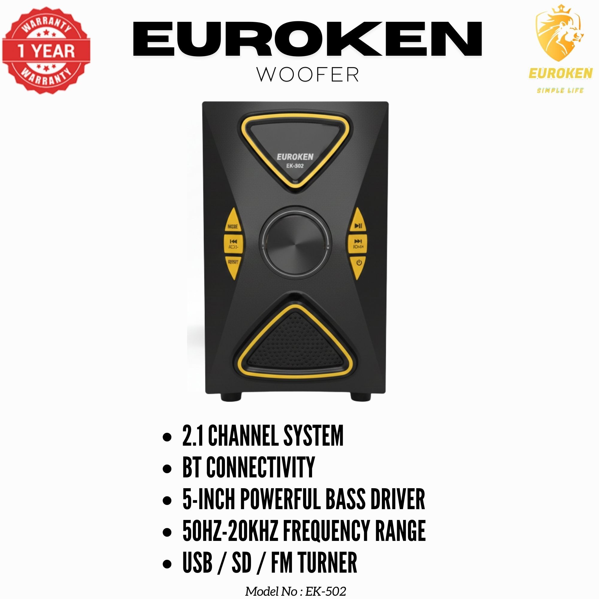 【Exclusive Offer】 Euroken EK-502 2.1CH Subwoofer Speaker 1200W PMPO Woofer Home Theatre Audio Speaker System BLUETOOTH/FM/SD/USB With Remote Control