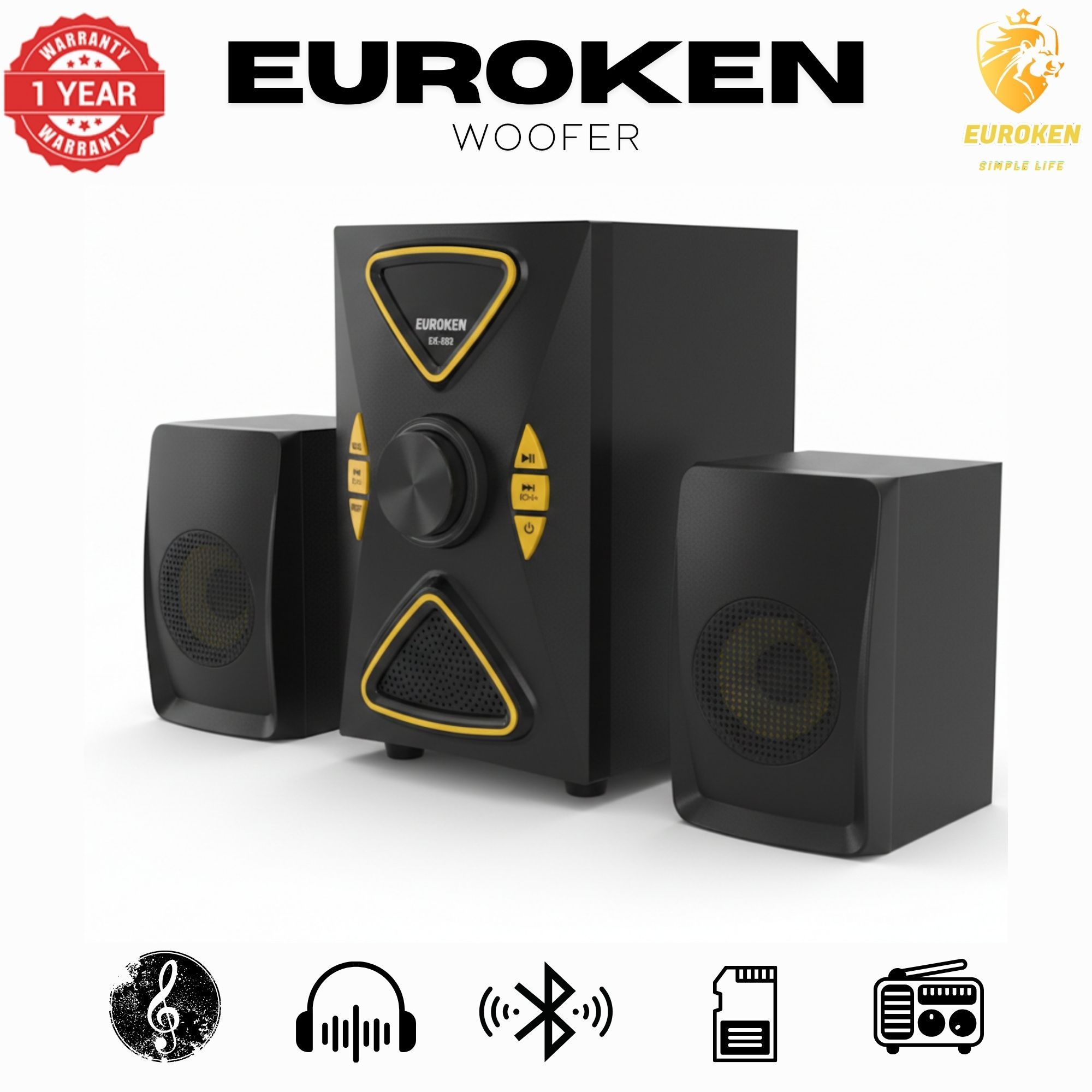 【Exclusive Offer】 Euroken EK-502 2.1CH Subwoofer Speaker 1200W PMPO Woofer Home Theatre Audio Speaker System BLUETOOTH/FM/SD/USB With Remote Control