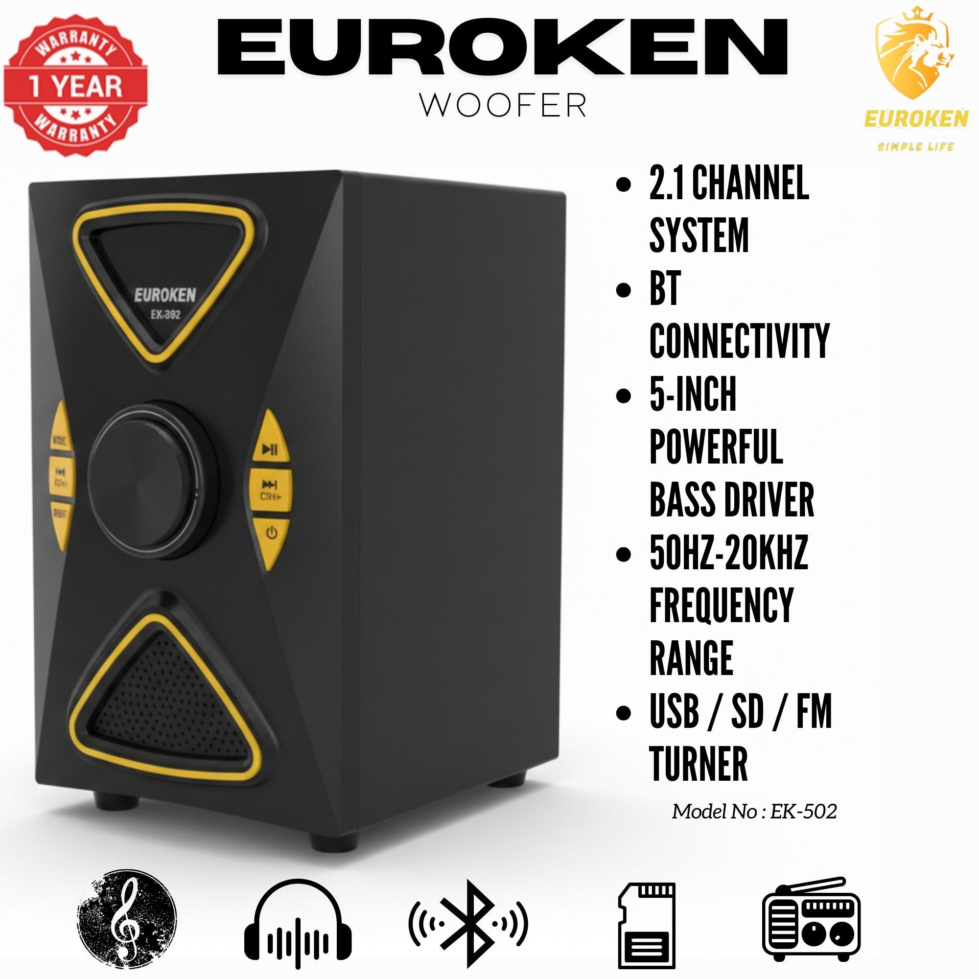 【Exclusive Offer】 Euroken EK-502 2.1CH Subwoofer Speaker 1200W PMPO Woofer Home Theatre Audio Speaker System BLUETOOTH/FM/SD/USB With Remote Control