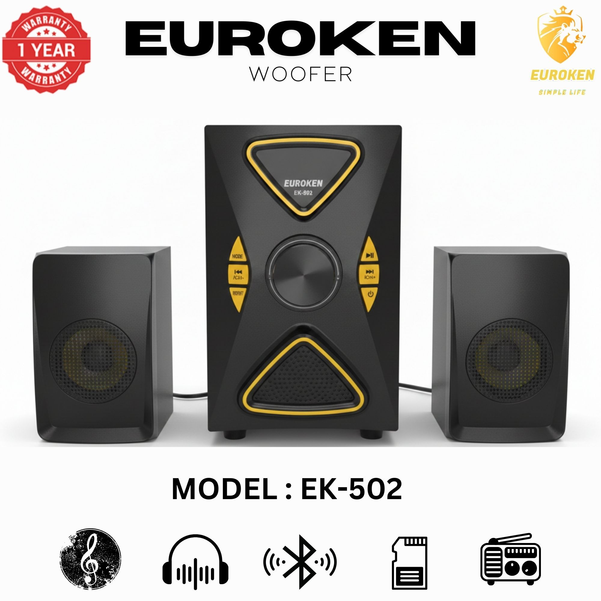 【Exclusive Offer】 Euroken EK-502 2.1CH Subwoofer Speaker 1200W PMPO Woofer Home Theatre Audio Speaker System BLUETOOTH/FM/SD/USB With Remote Control