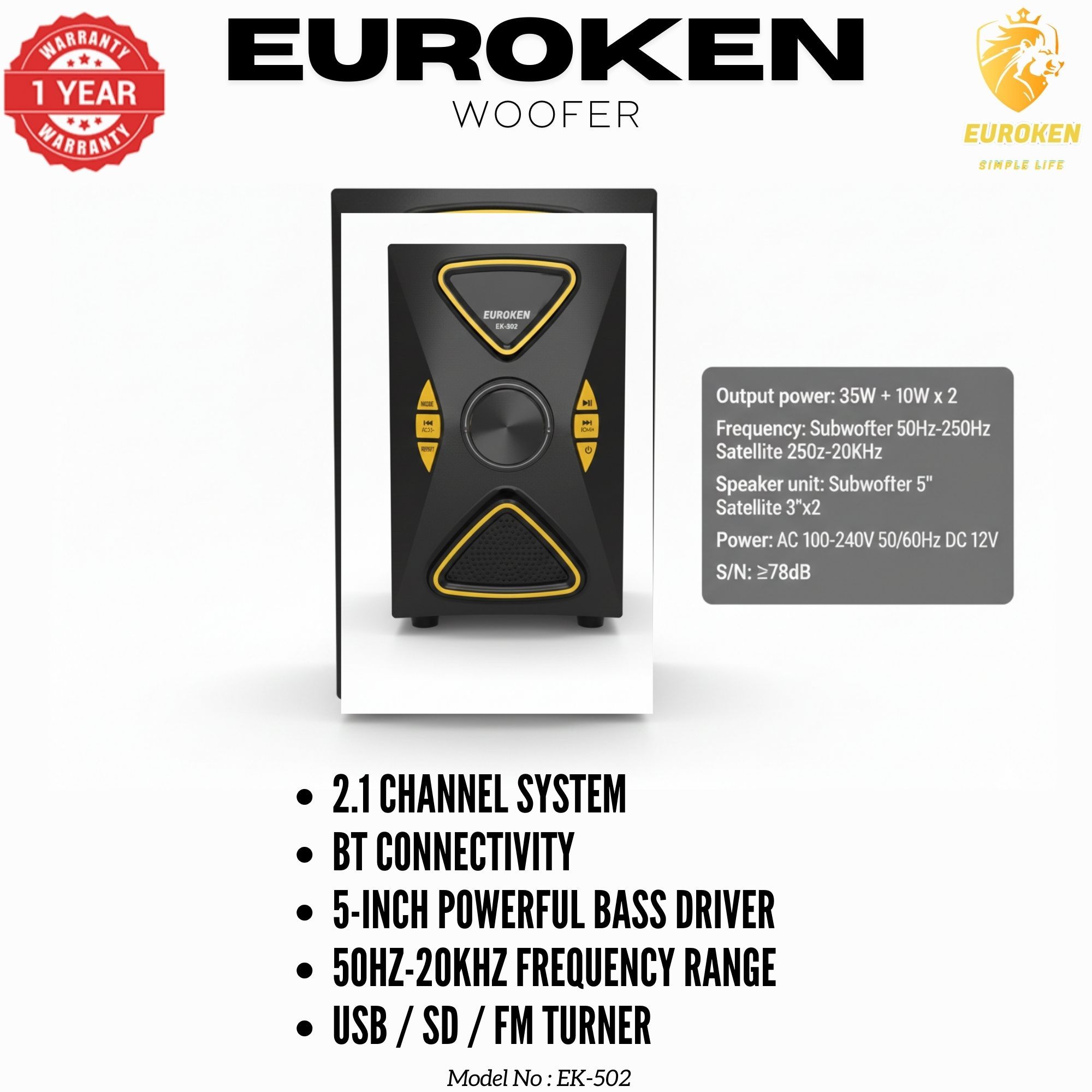【Exclusive Offer】 Euroken EK-502 2.1CH Subwoofer Speaker 1200W PMPO Woofer Home Theatre Audio Speaker System BLUETOOTH/FM/SD/USB With Remote Control