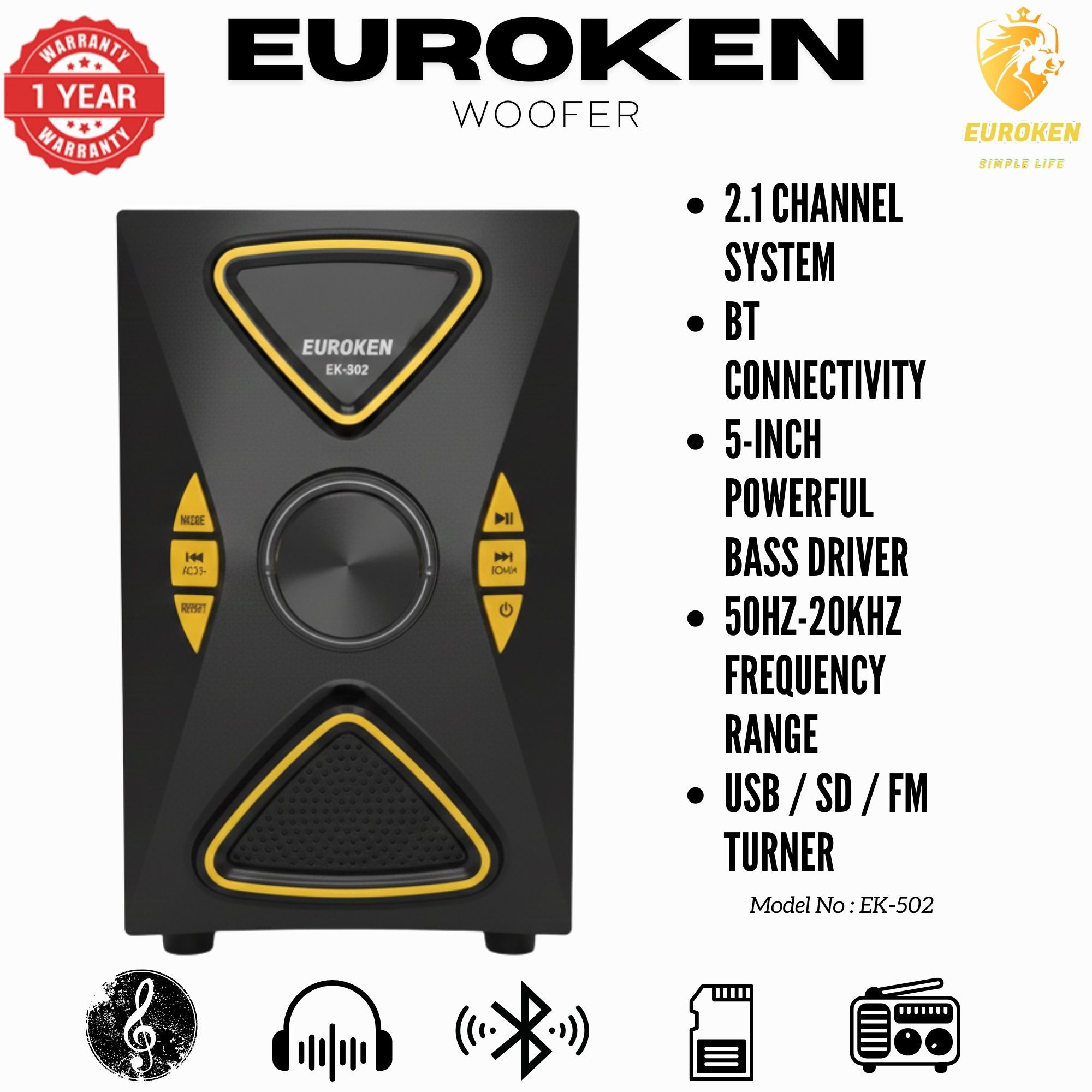 【Exclusive Offer】 Euroken EK-502 2.1CH Subwoofer Speaker 1200W PMPO Woofer Home Theatre Audio Speaker System BLUETOOTH/FM/SD/USB With Remote Control