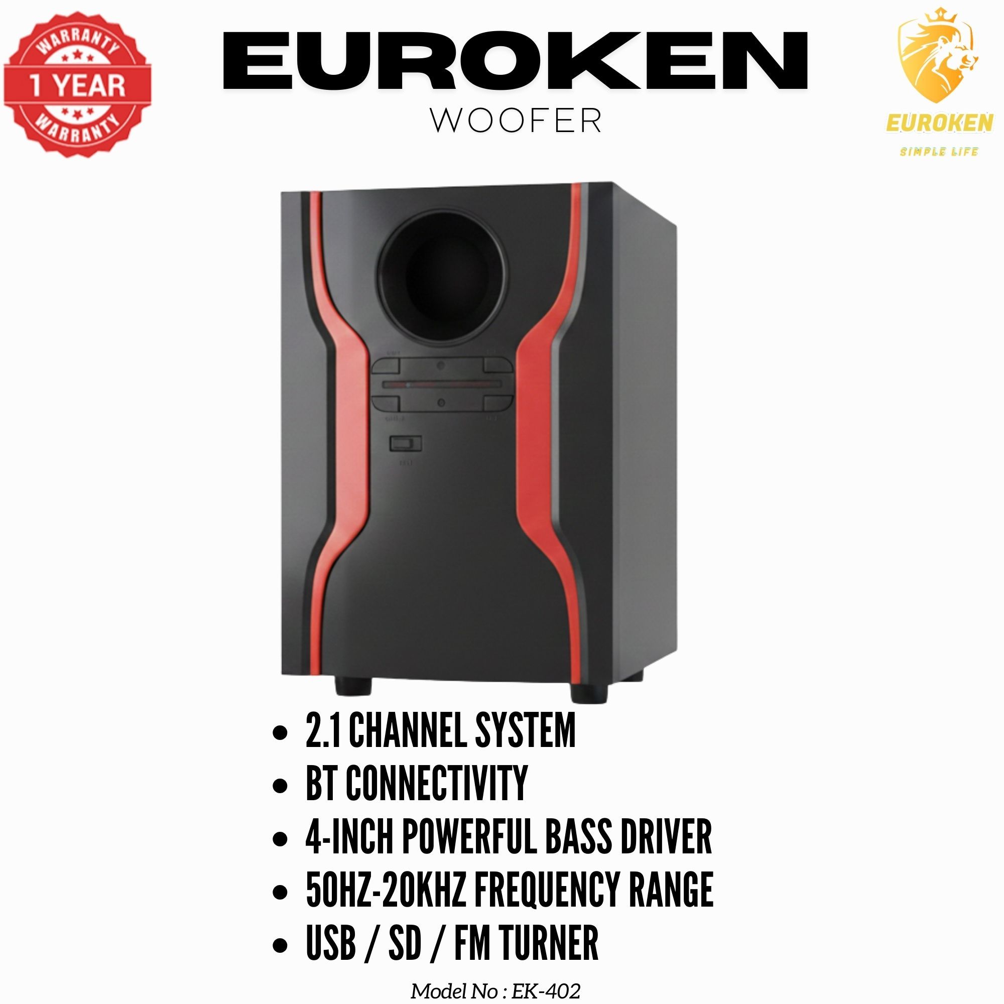 【Exclusive Offer】 Euroken EK-402 2.1CH Subwoofer Speaker 1000W PMPO Woofer Home Theatre Audio Speaker System BLUETOOTH/FM/SD/USB With Remote Control