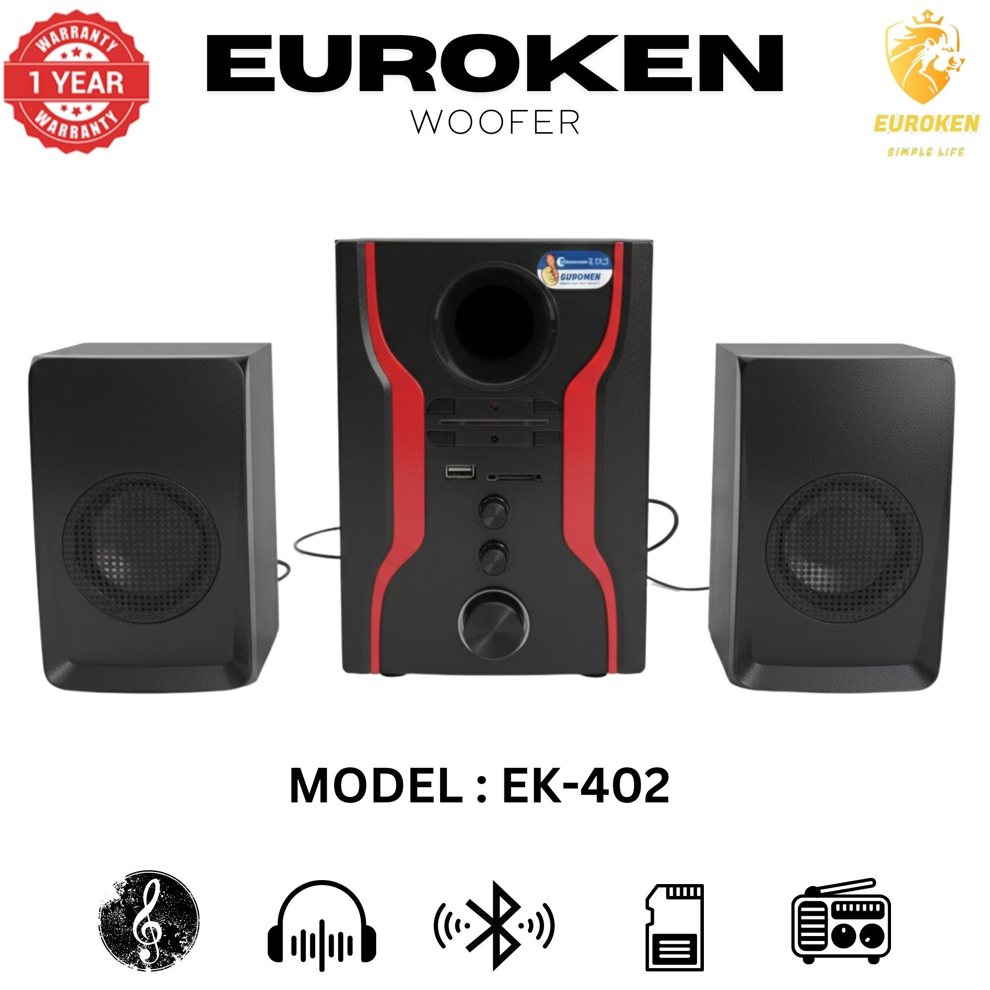 【Exclusive Offer】 Euroken EK-402 2.1CH Subwoofer Speaker 1000W PMPO Woofer Home Theatre Audio Speaker System BLUETOOTH/FM/SD/USB With Remote Control