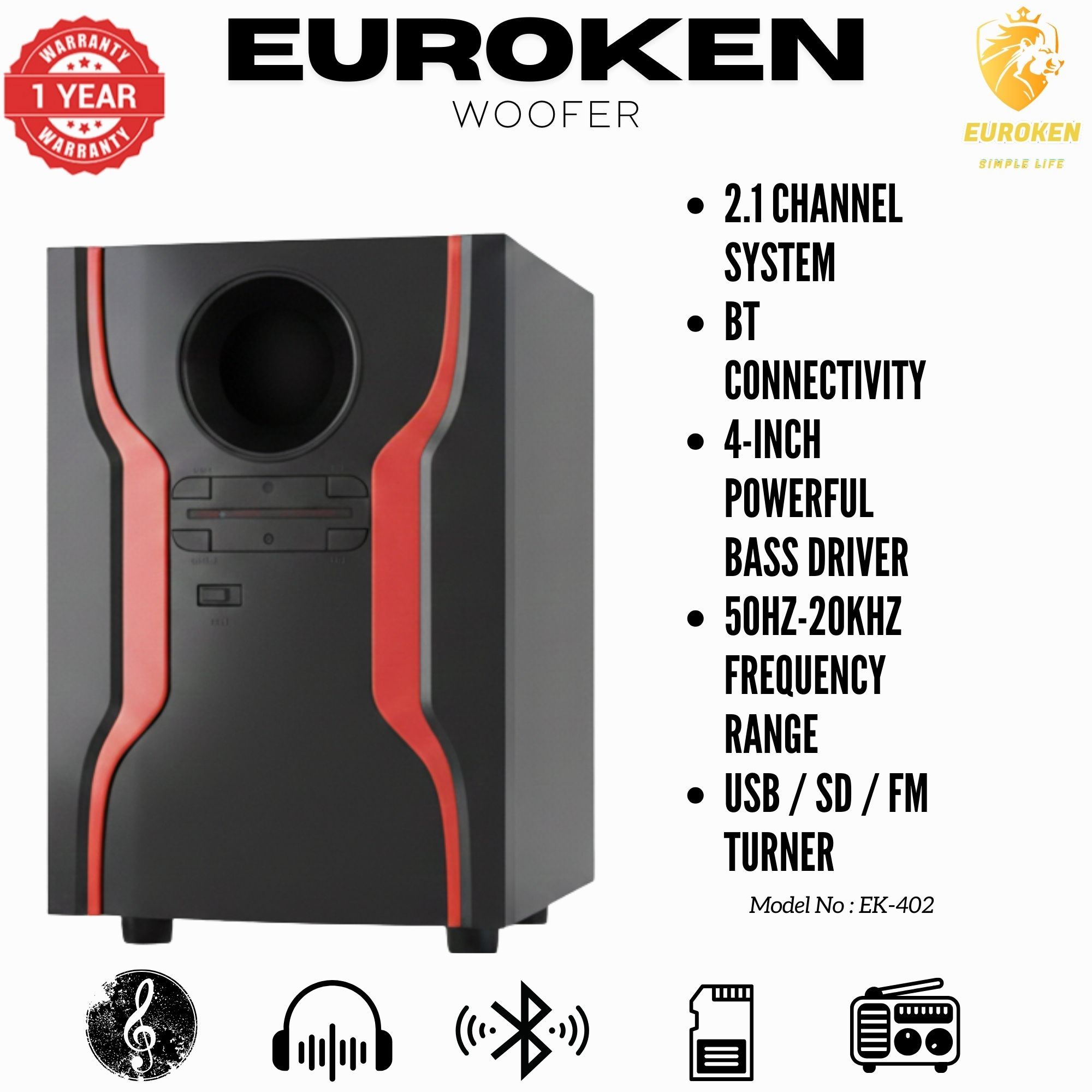 【Exclusive Offer】 Euroken EK-402 2.1CH Subwoofer Speaker 1000W PMPO Woofer Home Theatre Audio Speaker System BLUETOOTH/FM/SD/USB With Remote Control