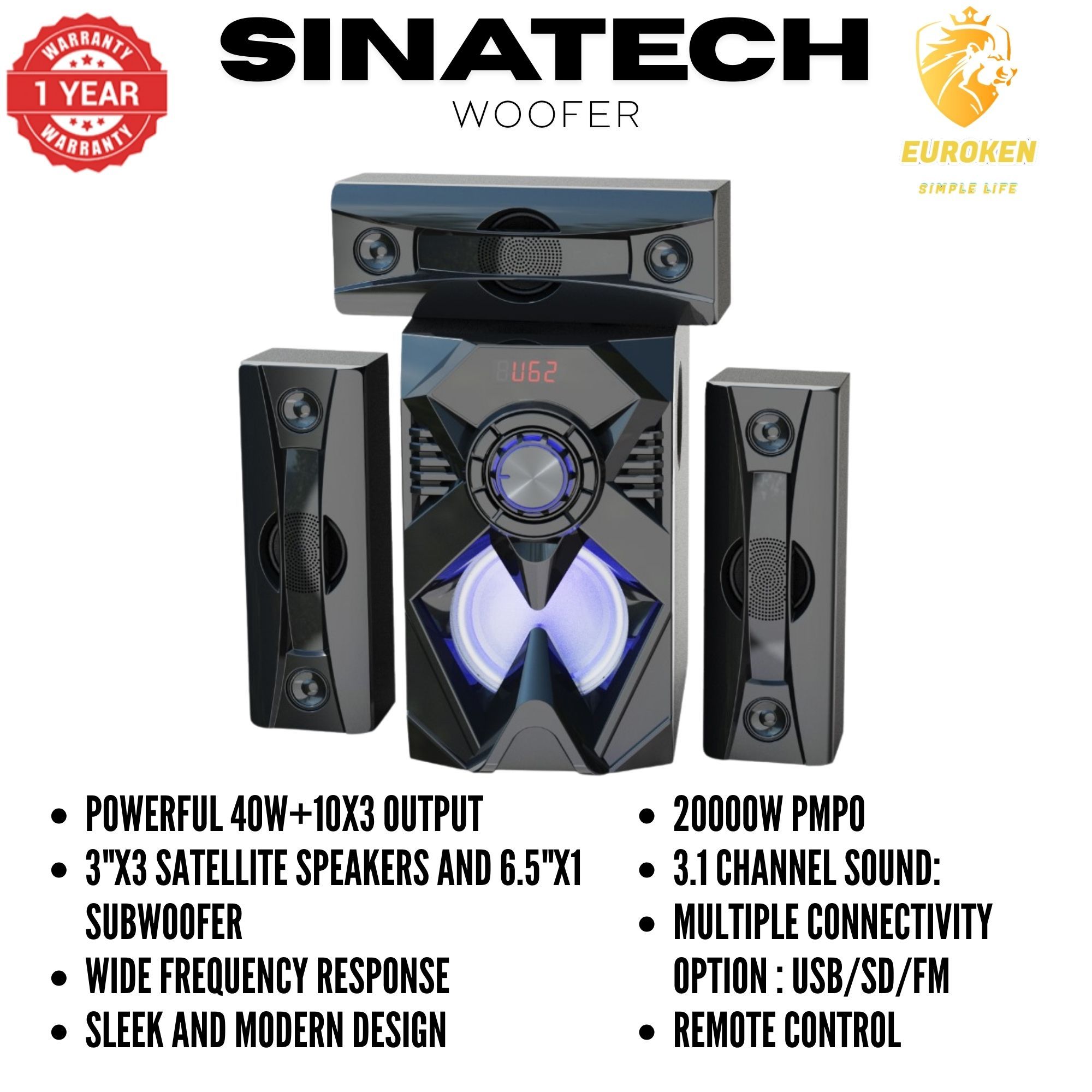 【Exclusive Offer】 NEW SINATECH ST-6301 3.1CH Subwoofer Speaker 20,000W PMPO Woofer Home Theatre Audio Speaker System BLUETOOTH/FM/SD/USB With Remote Control