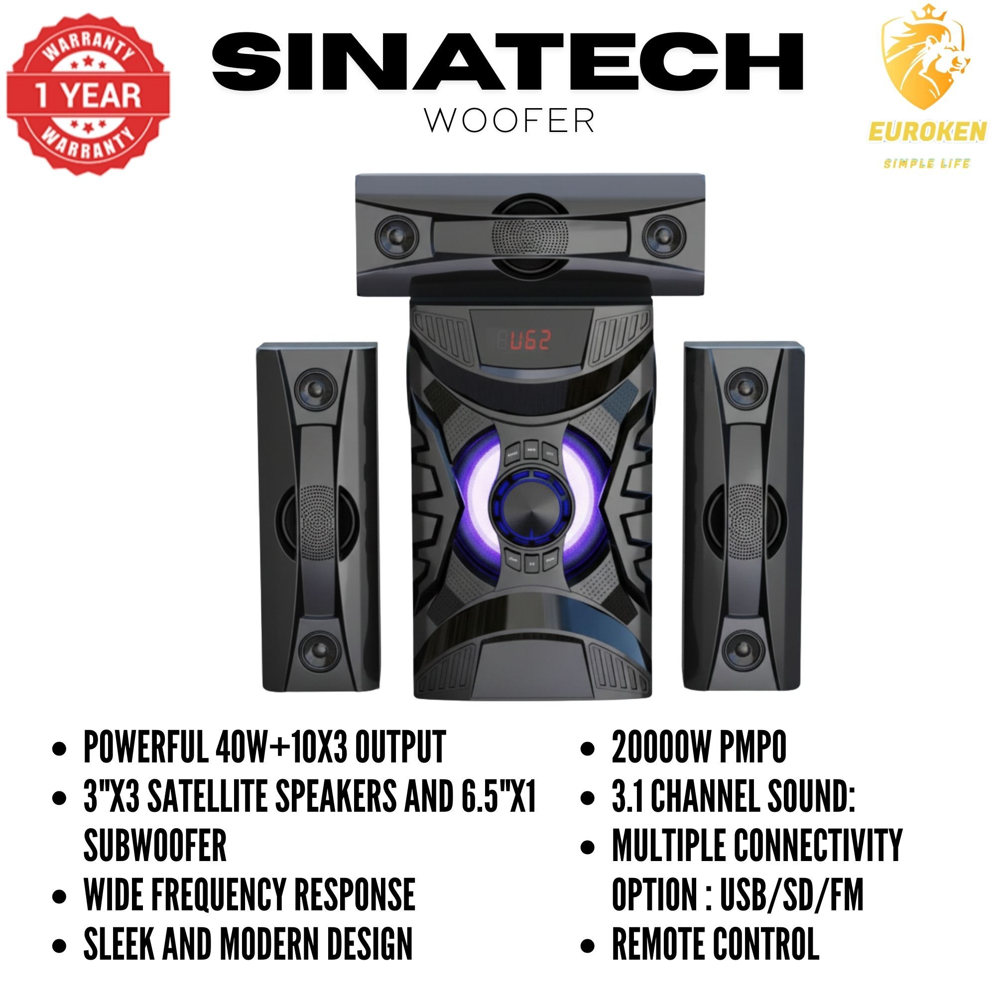 【Exclusive Offer】 NEW SINATECH ST-6310 3.1CH Subwoofer Speaker 20,000W PMPO Woofer Home Theatre Audio Speaker System BLUETOOTH/FM/SD/USB With Remote Control