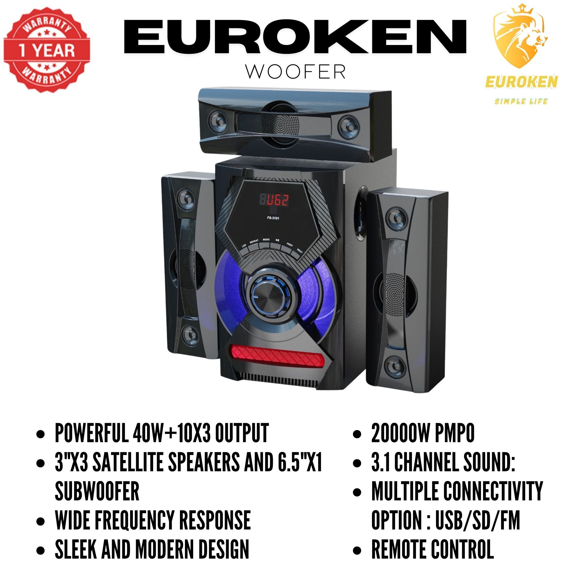 【Exclusive Offer】 NEW EUROKEN EK-603 3.1CH Subwoofer Speaker 20000W PMPO Woofer Home Theatre Audio Speaker System BLUETOOTH/FM/SD/USB With Remote