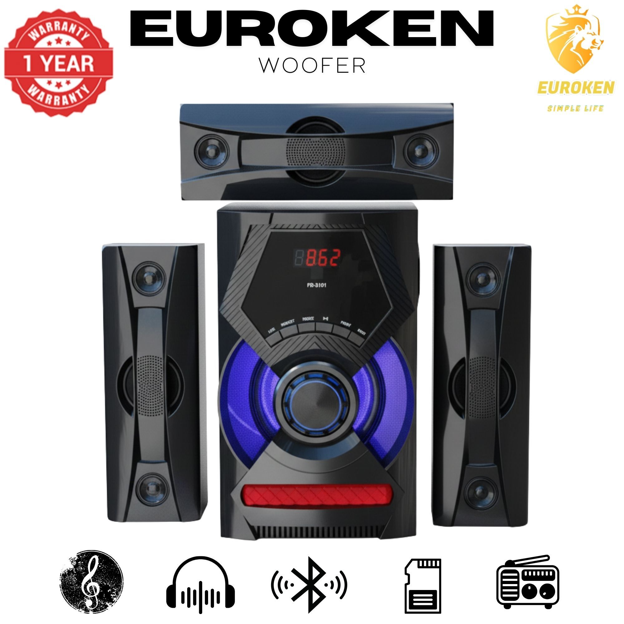 【Exclusive Offer】 NEW EUROKEN EK-603 3.1CH Subwoofer Speaker 20000W PMPO Woofer Home Theatre Audio Speaker System BLUETOOTH/FM/SD/USB With Remote
