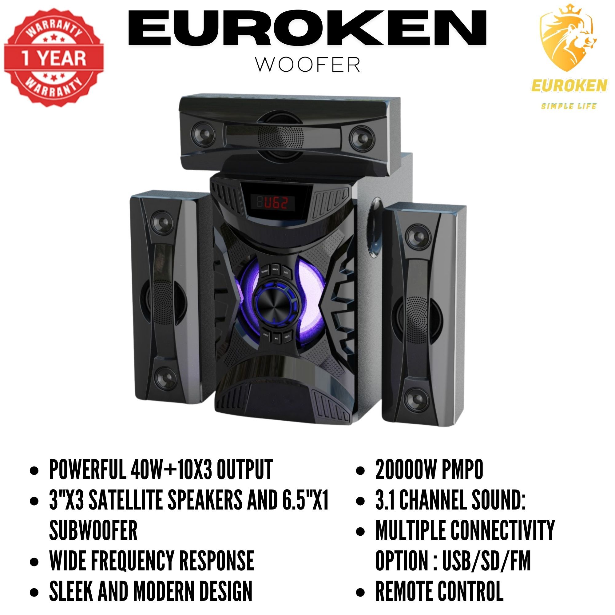 【Exclusive Offer】 NEW EUROKEN EK-610 3.1CH  20,000W Multimedia Bluetooth Woofer Home Theatre Speaker System  Subwoofer BLUETOOTH/USB/SD/FM Home Audio System  with Remote Control