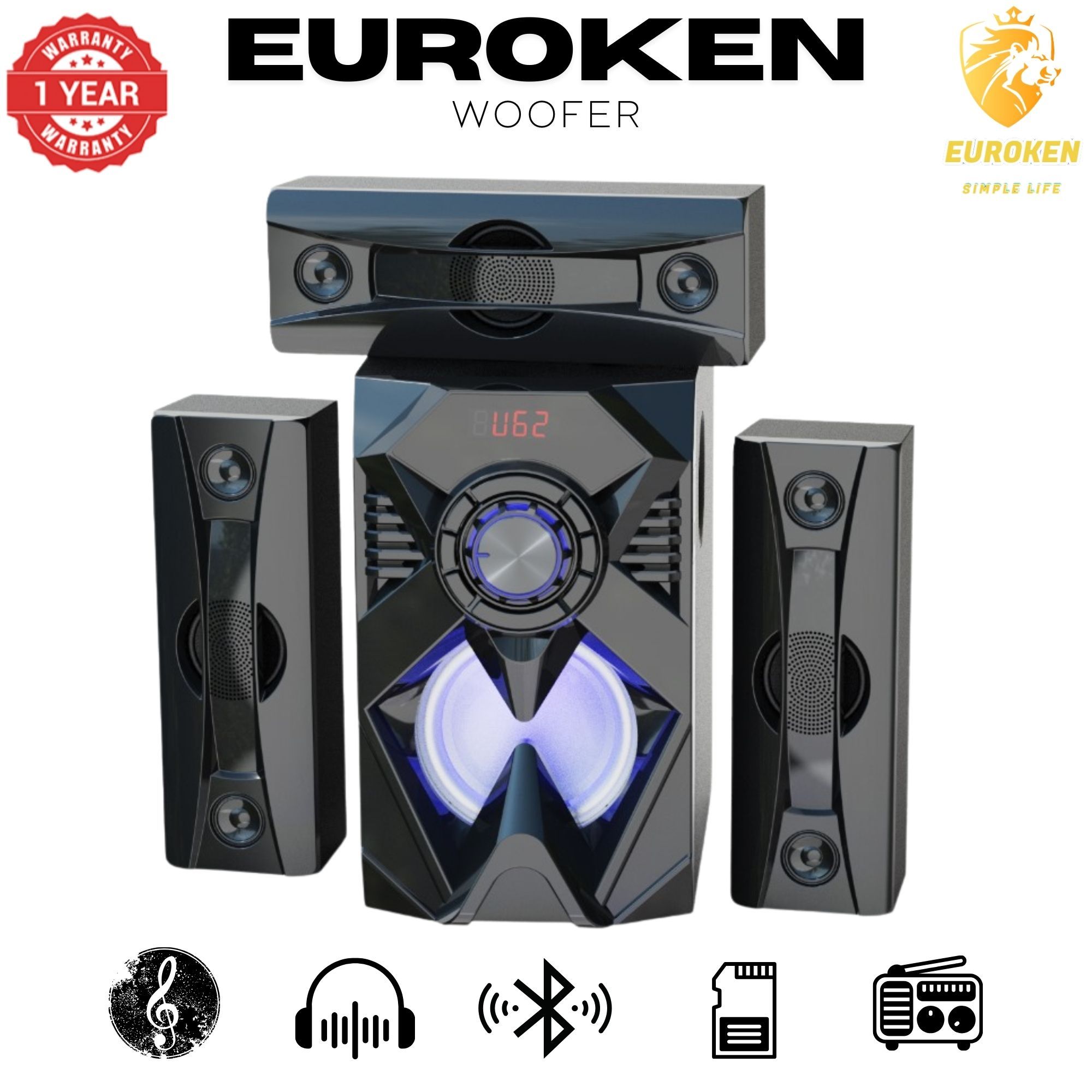 【Exclusive Offer】NEW EUROKEN EK-601 3.1CH With 20,000 PMPO Subwoofer Speaker  Home Theatre Audio System  With Remote Control BLUETOOTH/USB/SD/FM