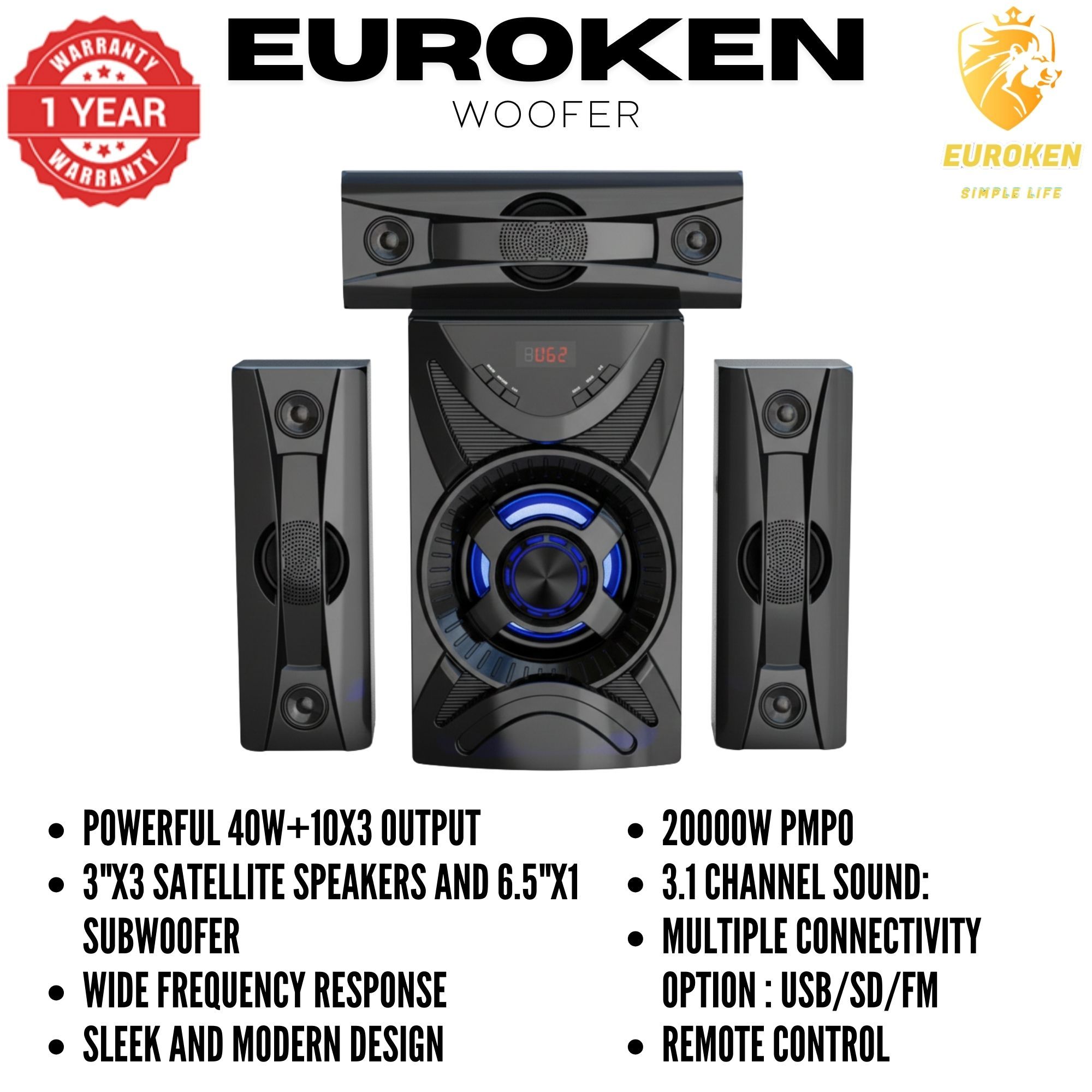 【Exclusive Offer】NEW EUROKEN EK-611 3.1CH With 20,000 PMPO Subwoofer Speaker  Home Theatre Audio System  With Remote Control BLUETOOTH/USB/SD/FM