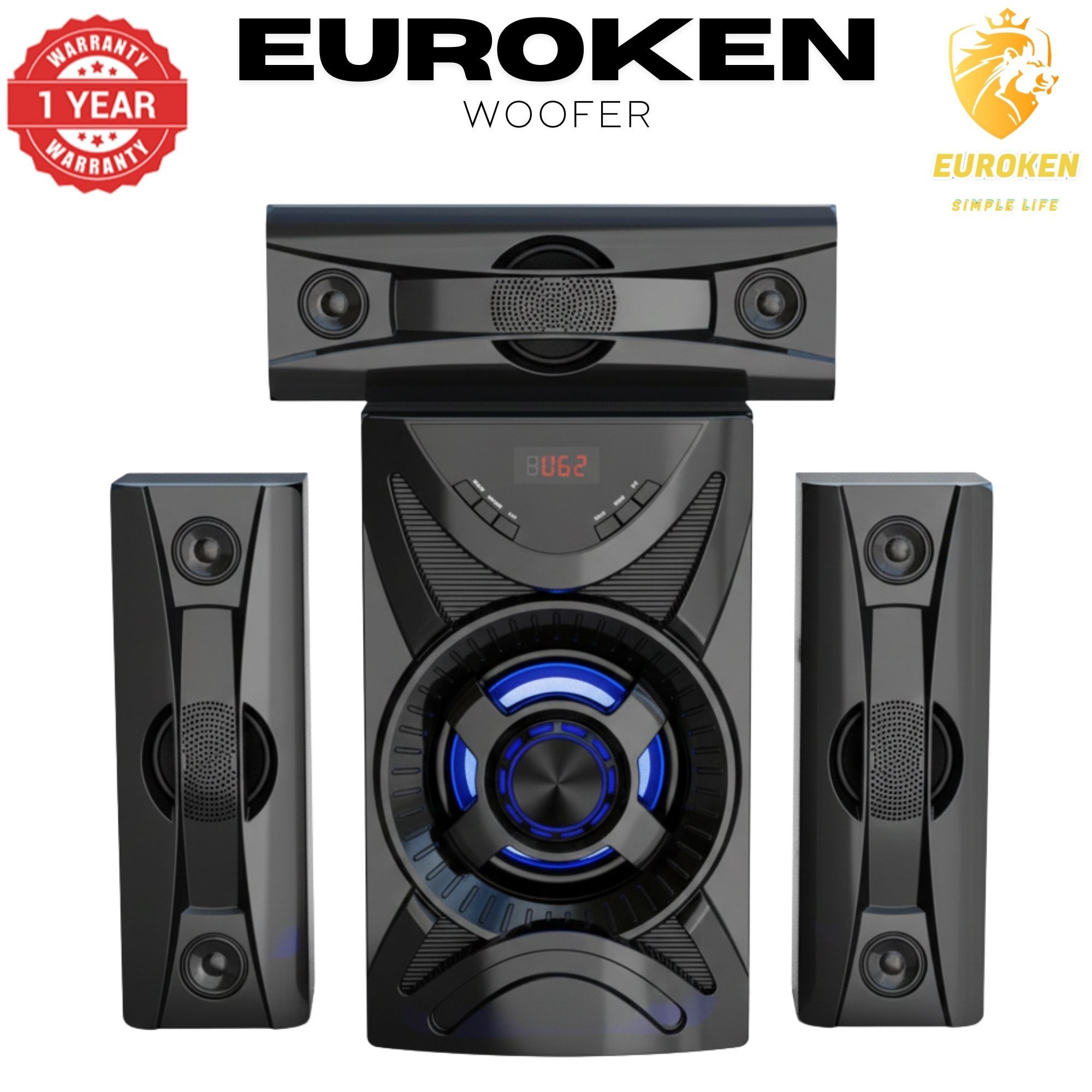 【Exclusive Offer】NEW EUROKEN EK-611 3.1CH With 20,000 PMPO Subwoofer Speaker  Home Theatre Audio System  With Remote Control BLUETOOTH/USB/SD/FM