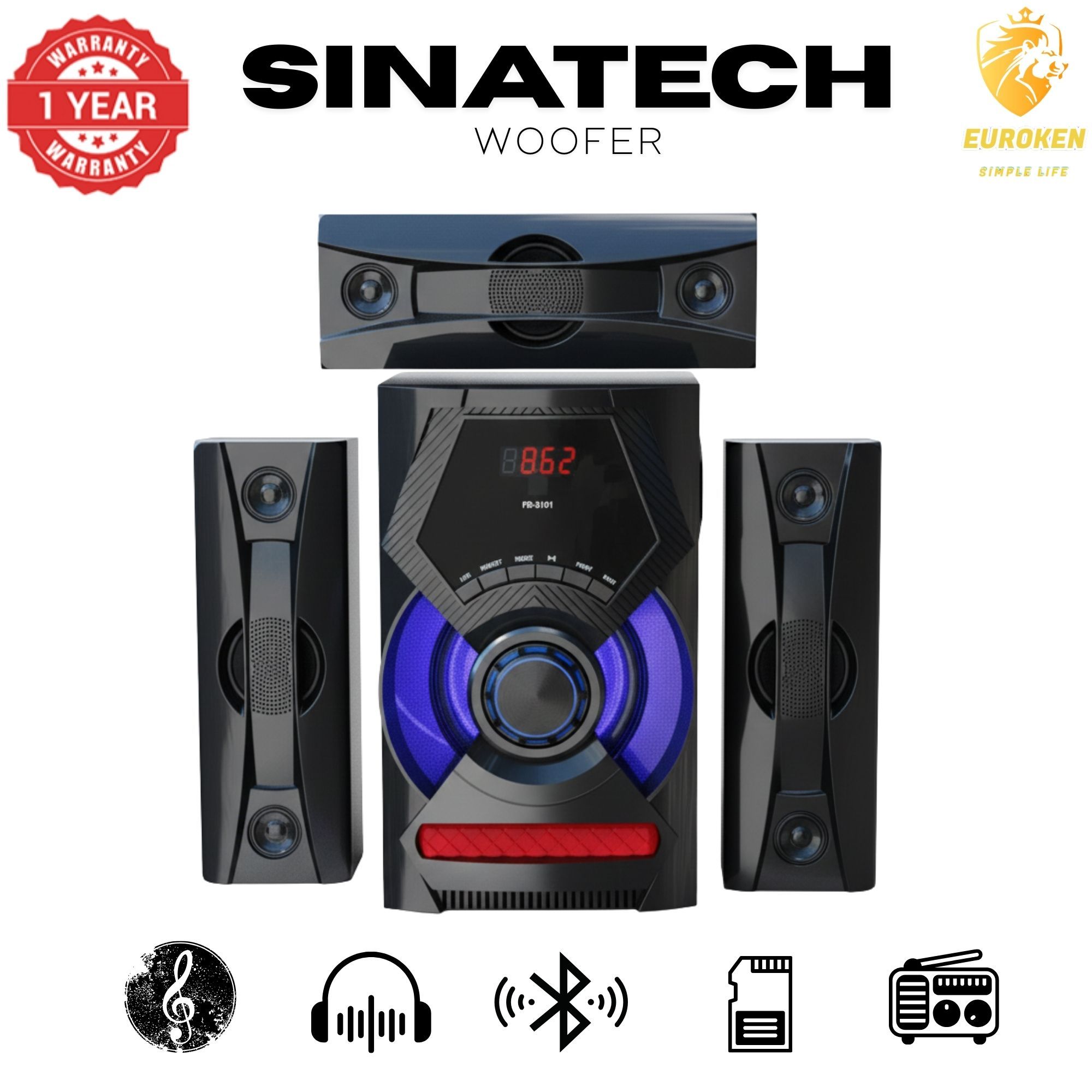 【Exclusive Offer】NEW SINATECH ST-6303 3.1CH With 20,000 PMPO Subwoofer Speaker  Home Theatre Audio System  With Remote Control BLUETOOTH/USB/SD/FM