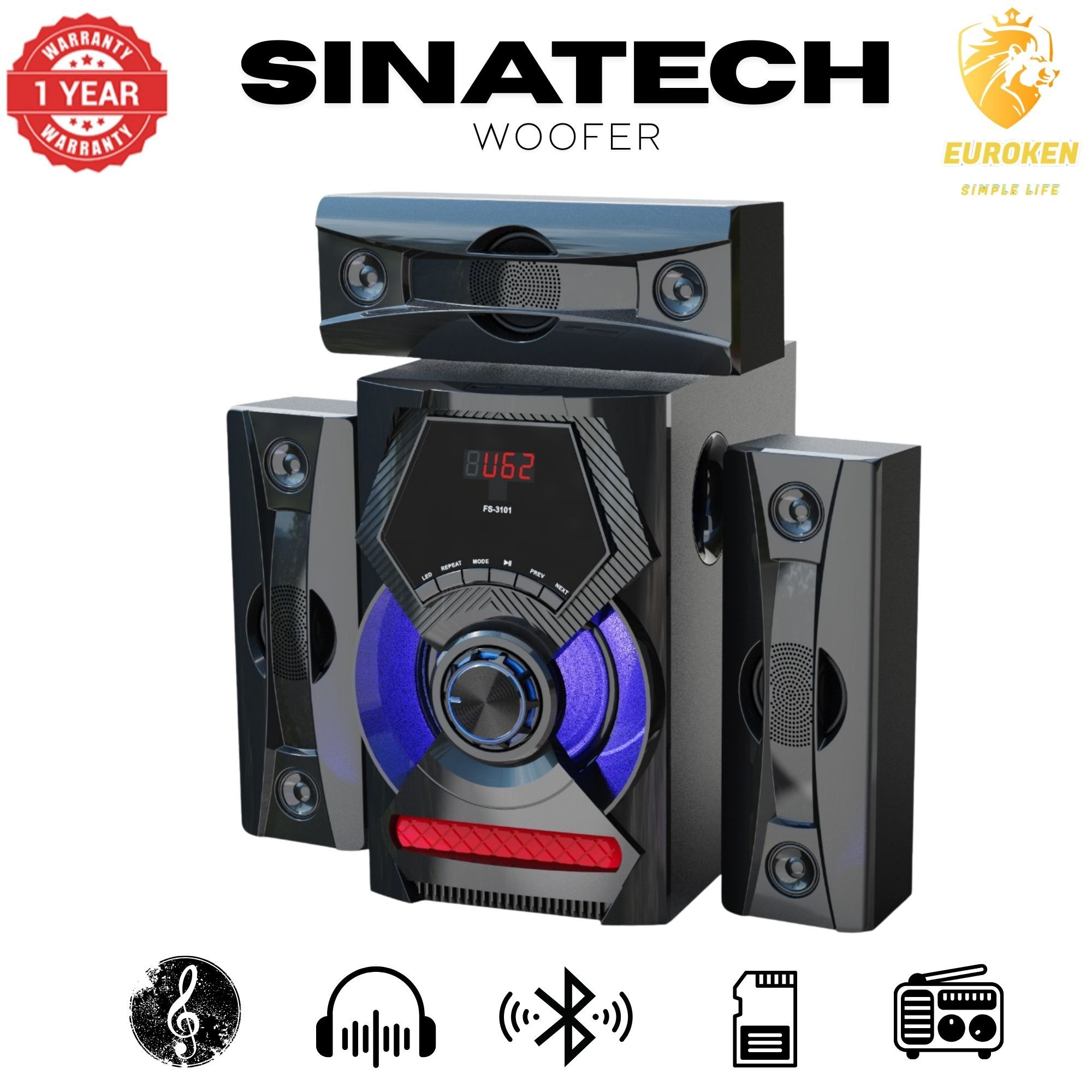 【Exclusive Offer】NEW SINATECH ST-6303 3.1CH With 20,000 PMPO Subwoofer Speaker  Home Theatre Audio System  With Remote Control BLUETOOTH/USB/SD/FM