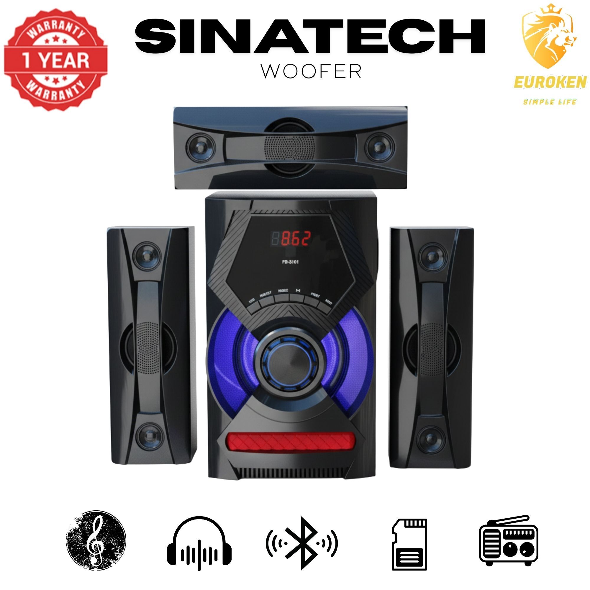【Exclusive Offer】NEW SINATECH ST-6303 3.1CH With 20,000 PMPO Subwoofer Speaker  Home Theatre Audio System  With Remote Control BLUETOOTH/USB/SD/FM