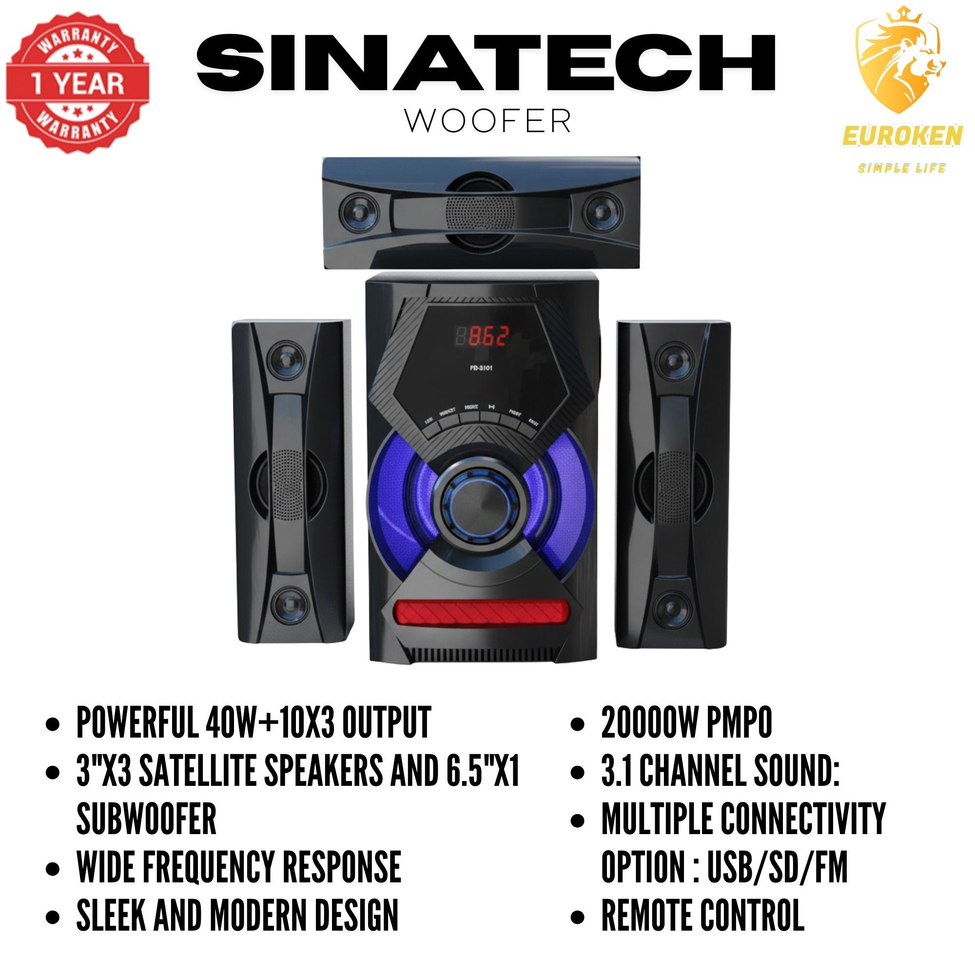 【Exclusive Offer】NEW SINATECH ST-6303 3.1CH With 20,000 PMPO Subwoofer Speaker  Home Theatre Audio System  With Remote Control BLUETOOTH/USB/SD/FM