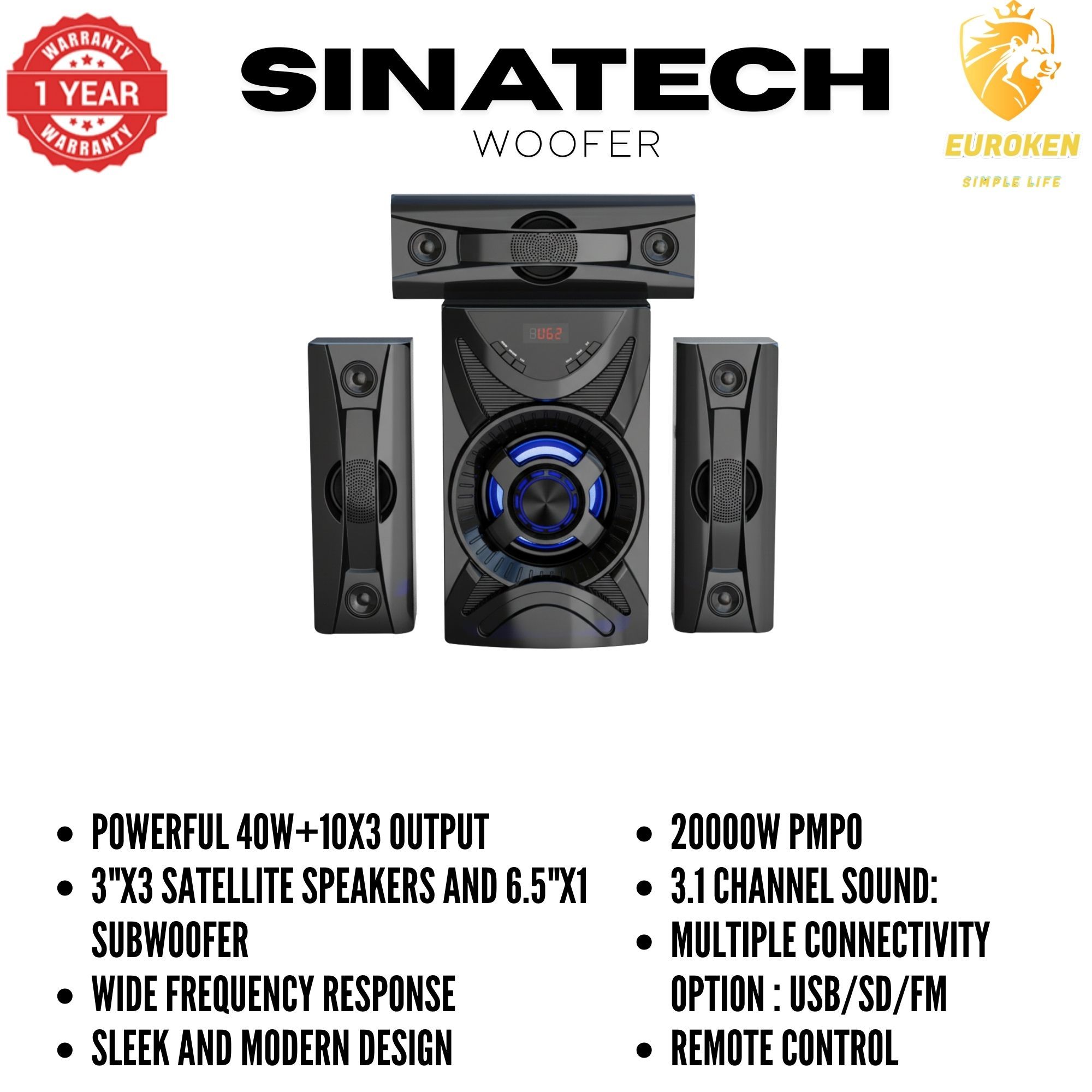 【Exclusive Offer】NEW SINATECH ST-6311 3.1CH With 20,000 PMPO Subwoofer Speaker  Home Theatre Audio System  With Remote Control BLUETOOTH/USB/SD/FM