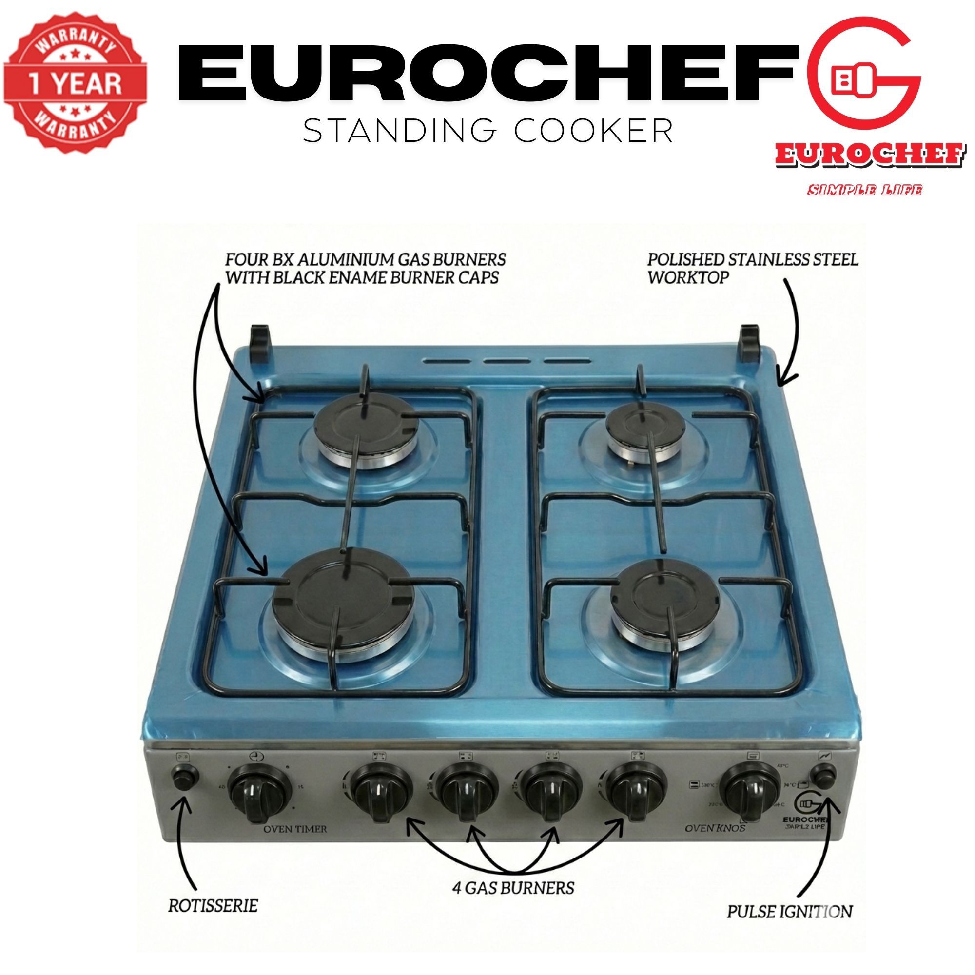 【LIMITED OFFER】 EUROCHEF EGT55-4G-E  55L HOME IMPROVEMENT FREE STANDING GAS  COOKER  4 GAS BURNER KITCHEN APPLIANCE WITH ELECTRIC OVEN 50X55CM