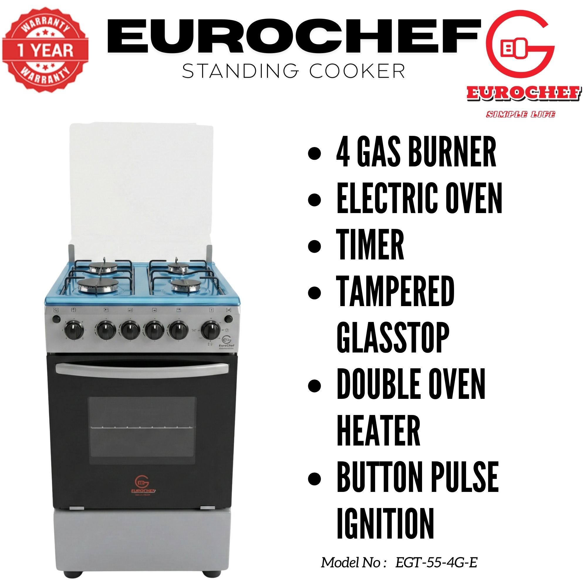 【LIMITED OFFER】 EUROCHEF EGT55-4G-E  55L HOME IMPROVEMENT FREE STANDING GAS  COOKER  4 GAS BURNER KITCHEN APPLIANCE WITH ELECTRIC OVEN 50X55CM