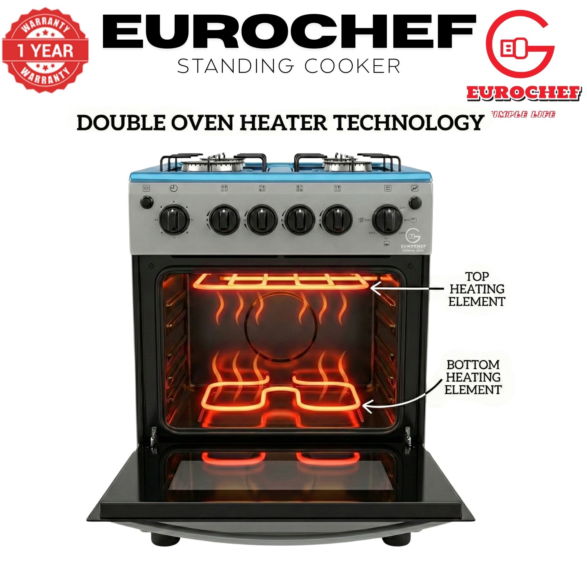 【LIMITED OFFER】 EUROCHEF EGT55-4G-E  55L HOME IMPROVEMENT FREE STANDING GAS  COOKER  4 GAS BURNER KITCHEN APPLIANCE WITH ELECTRIC OVEN 50X55CM