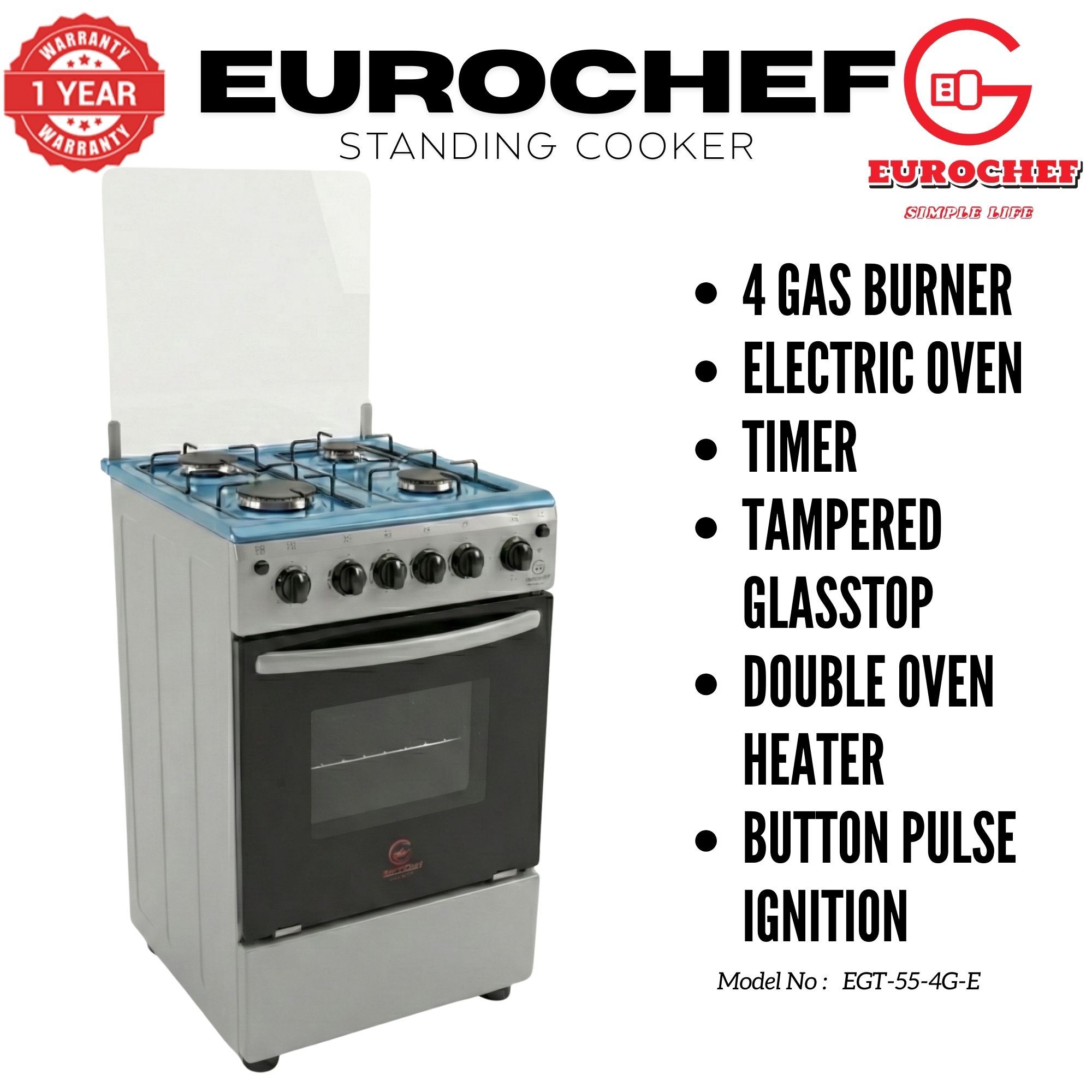 【LIMITED OFFER】 EUROCHEF EGT55-4G-E  55L HOME IMPROVEMENT FREE STANDING GAS  COOKER  4 GAS BURNER KITCHEN APPLIANCE WITH ELECTRIC OVEN 50X55CM