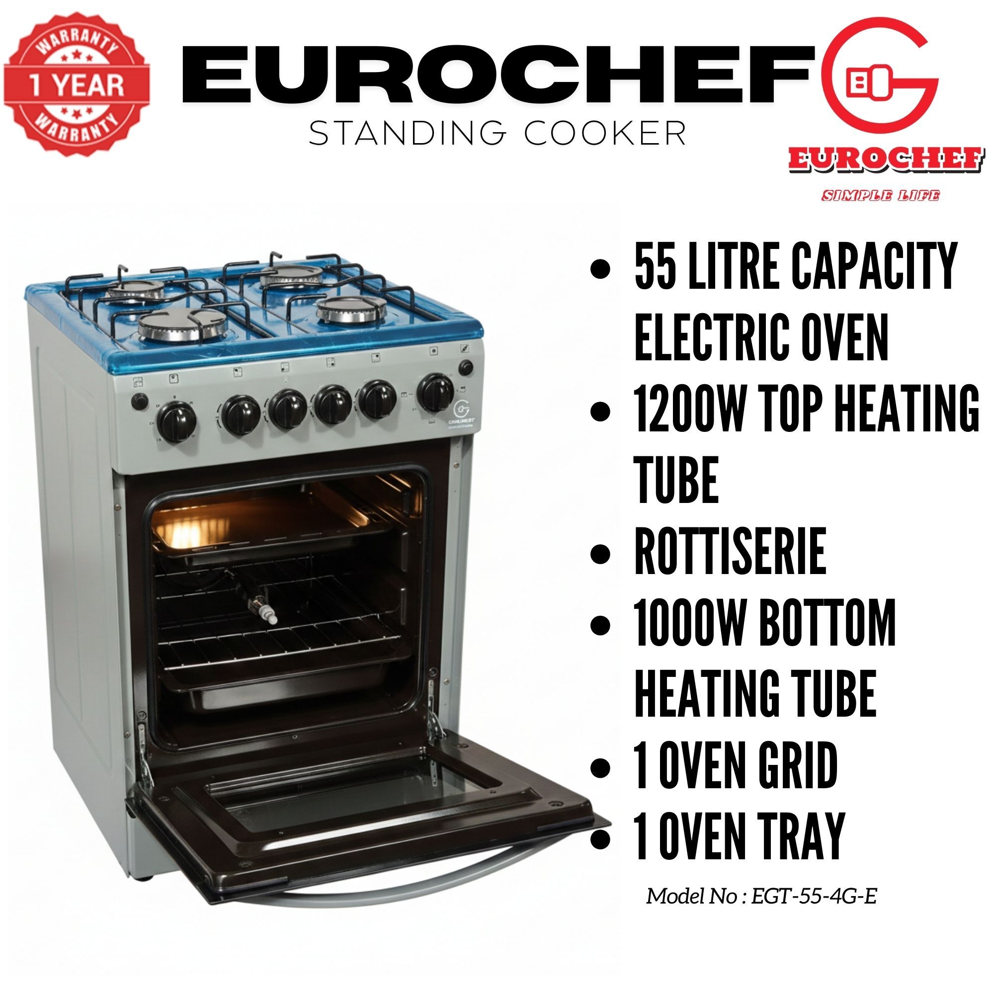 【LIMITED OFFER】 EUROCHEF EGT55-4G-E  55L HOME IMPROVEMENT FREE STANDING GAS  COOKER  4 GAS BURNER KITCHEN APPLIANCE WITH ELECTRIC OVEN 50X55CM