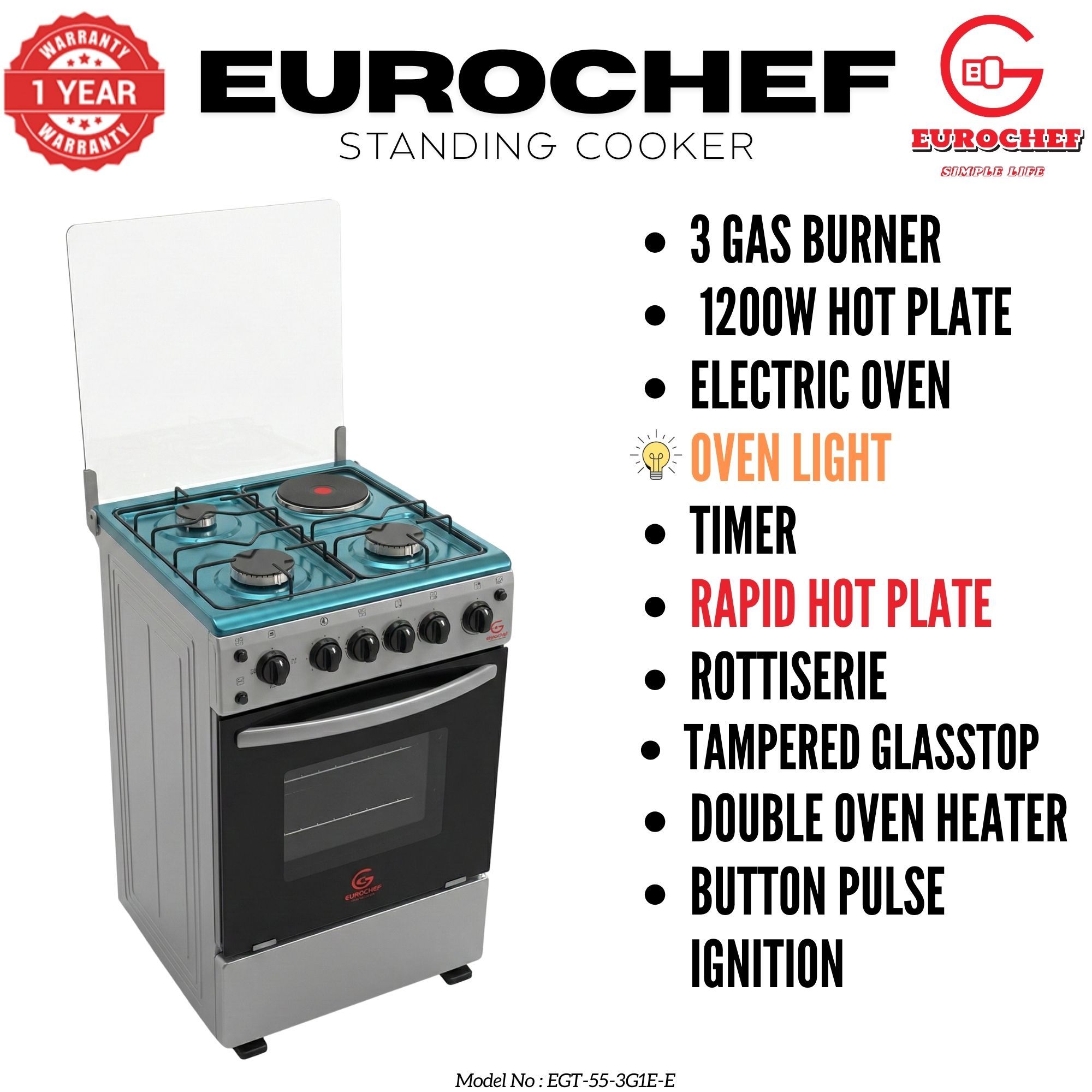 【LIMITED OFFER】 Eurochef EGT55-3G1E-E  55L Home Improvement  Free standing Gas Cooker  3 GAS + 1 Hot Plate  Kitchen appliance with electric oven