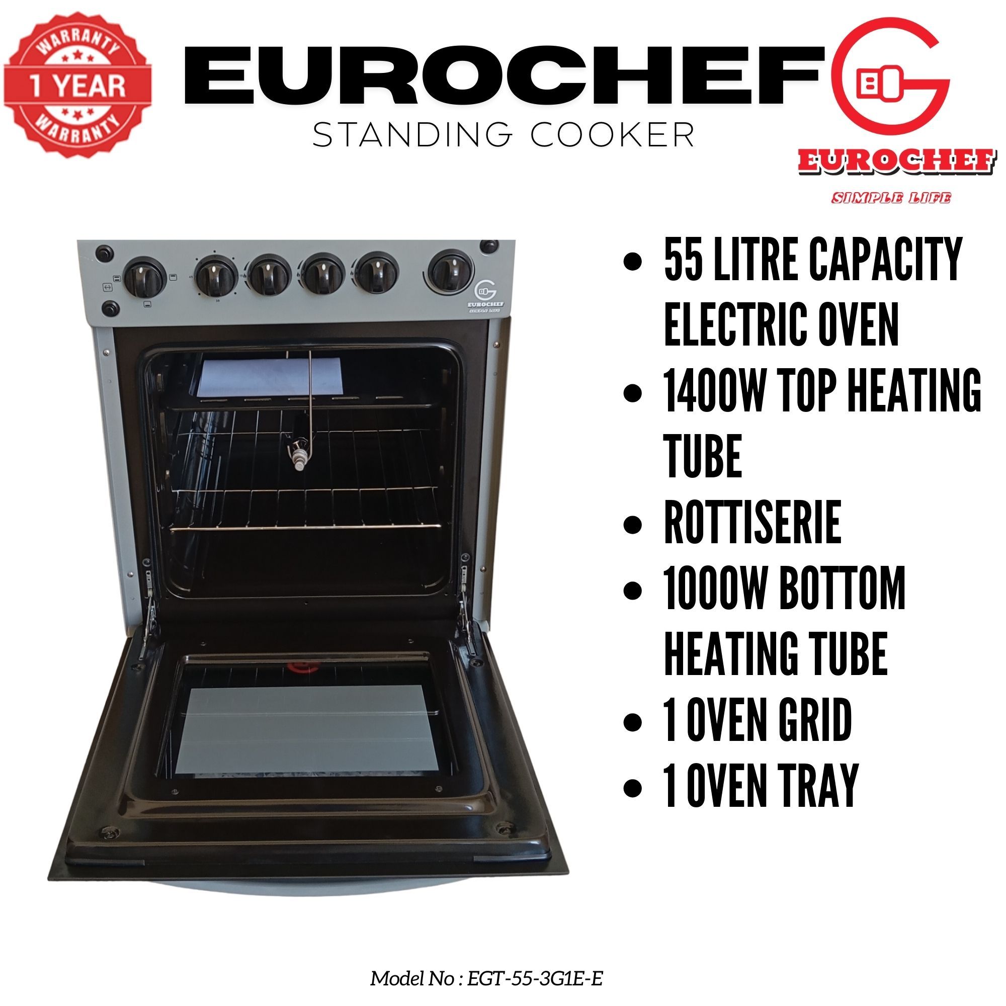 【LIMITED OFFER】 Eurochef EGT55-3G1E-E  55L Home Improvement  Free standing Gas Cooker  3 GAS + 1 Hot Plate  Kitchen appliance with electric oven