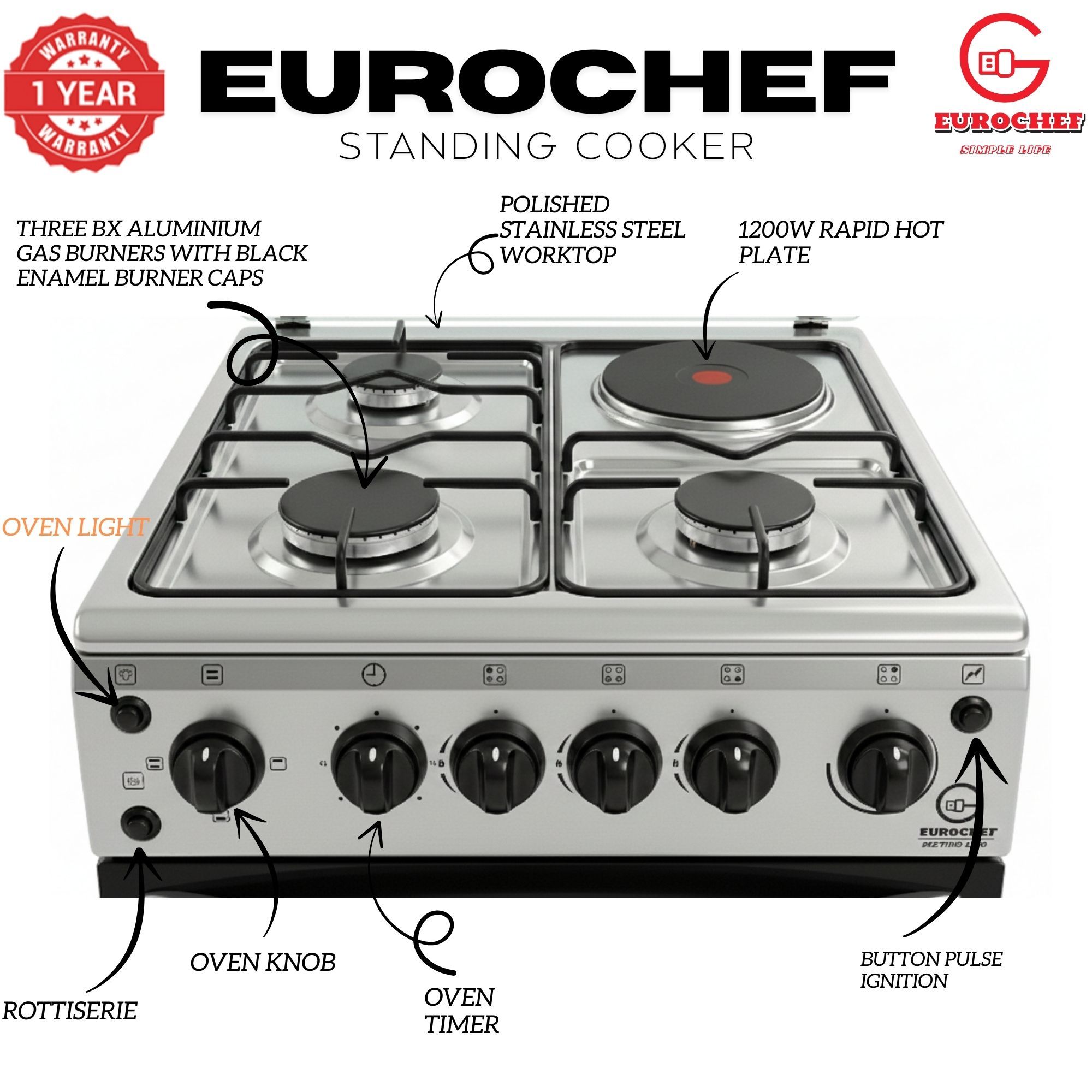 【LIMITED OFFER】 Eurochef EGT55-3G1E-E  55L Home Improvement  Free standing Gas Cooker  3 GAS + 1 Hot Plate  Kitchen appliance with electric oven