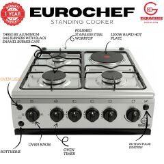 【LIMITED OFFER】 Eurochef 50X55 EGT55-3G1E-E  55L Home Improvement  Free standing Gas Cooker  3 GAS + 1 Hot Plate  Kitchen appliance with electric oven