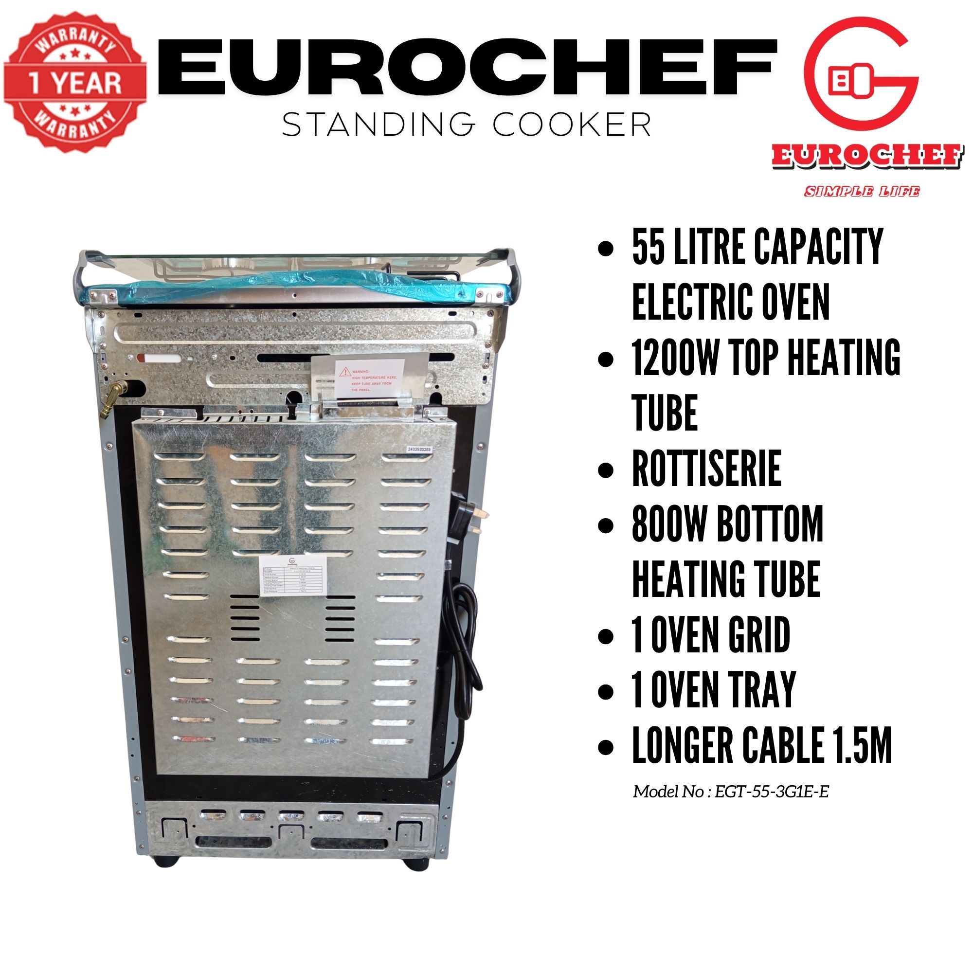【LIMITED OFFER】 Eurochef EGT55-3G1E-E  55L Home Improvement  Free standing Gas Cooker  3 GAS + 1 Hot Plate  Kitchen appliance with electric oven