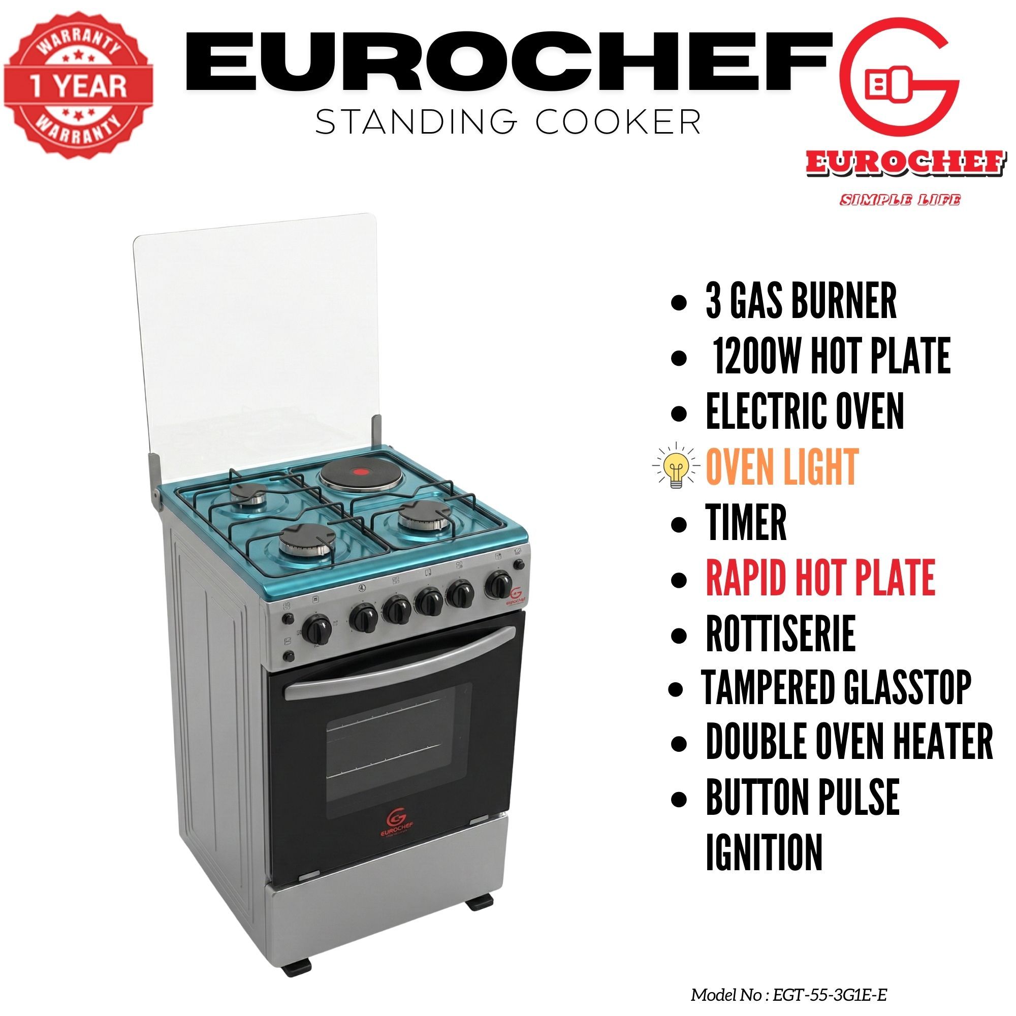 【LIMITED OFFER】 Eurochef EGT55-3G1E-E  55L Home Improvement  Free standing Gas Cooker  3 GAS + 1 Hot Plate  Kitchen appliance with electric oven