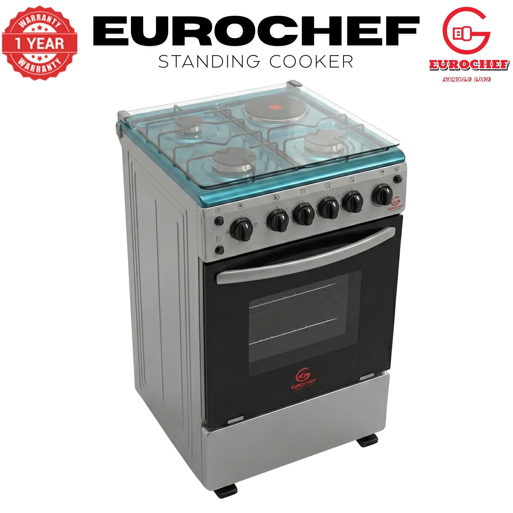 【LIMITED OFFER】 Eurochef EGT55-3G1E-E  55L Home Improvement  Free standing Gas Cooker  3 GAS + 1 Hot Plate  Kitchen appliance with electric oven