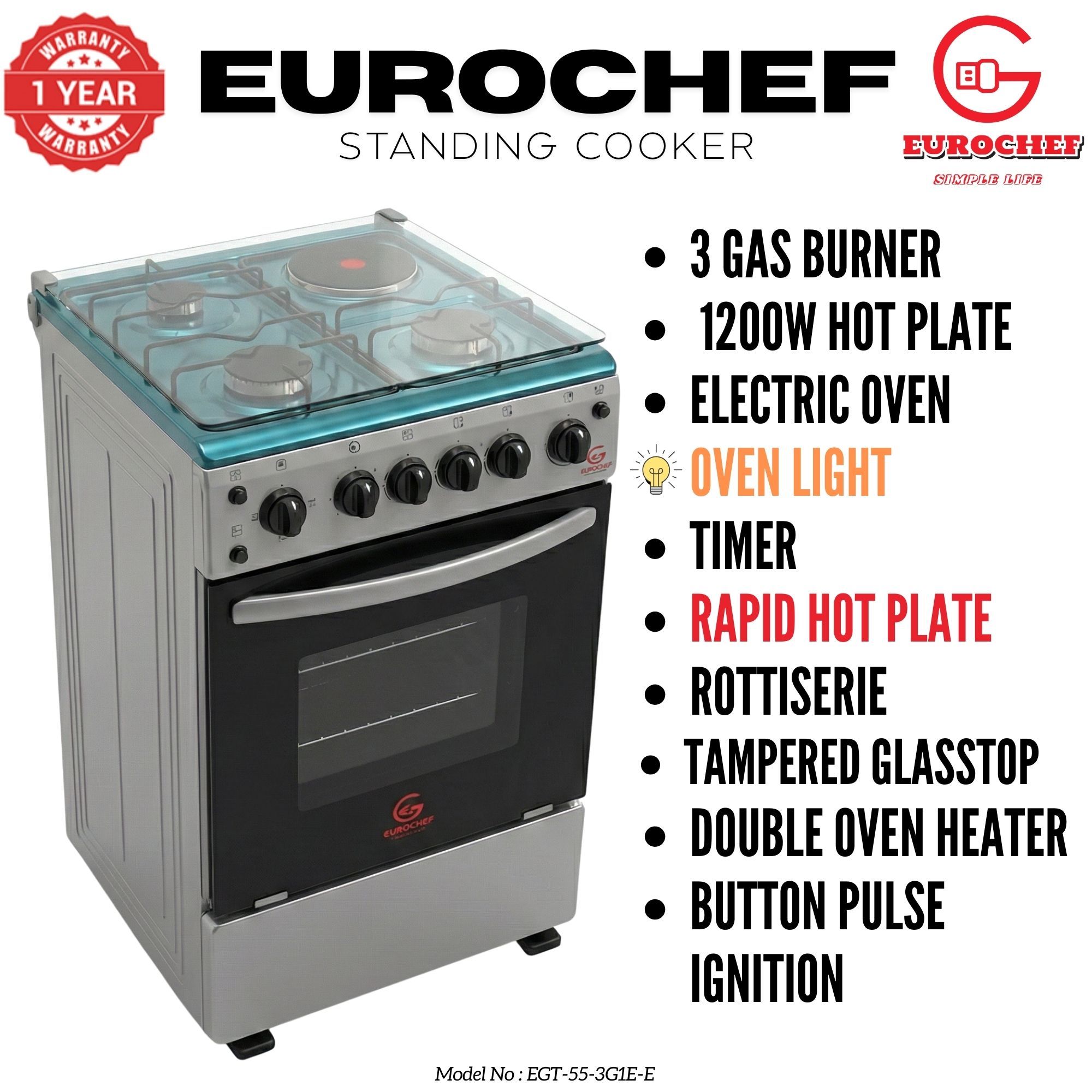 【LIMITED OFFER】 Eurochef EGT55-3G1E-E  55L Home Improvement  Free standing Gas Cooker  3 GAS + 1 Hot Plate  Kitchen appliance with electric oven