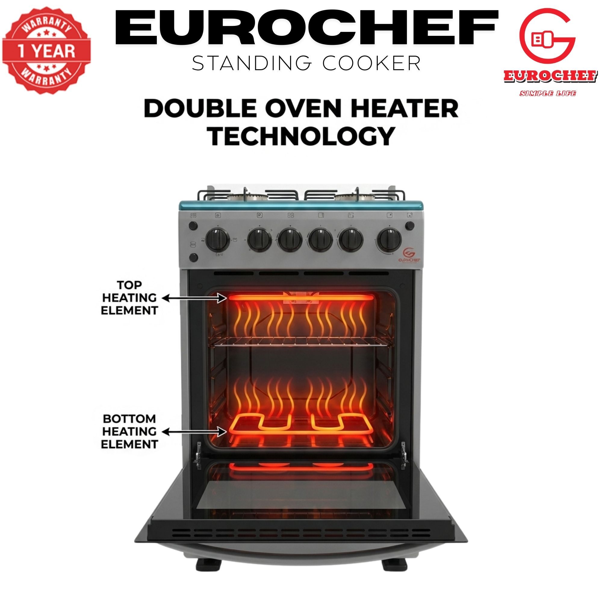 【LIMITED OFFER】 Eurochef EGT55-3G1E-E  55L Home Improvement  Free standing Gas Cooker  3 GAS + 1 Hot Plate  Kitchen appliance with electric oven