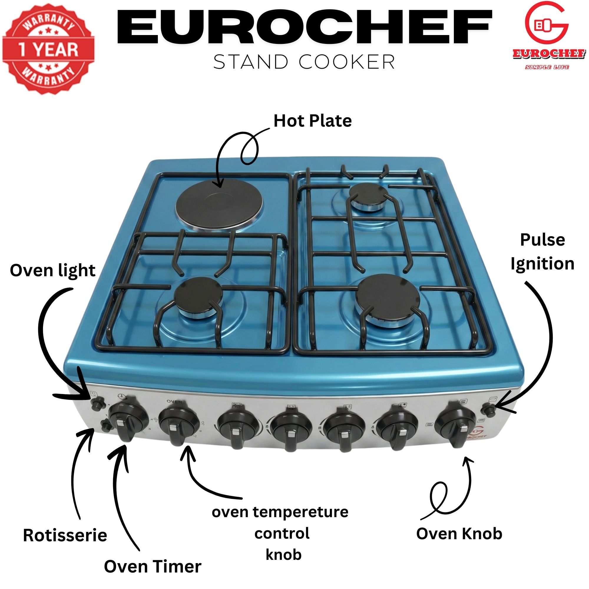 【LIMITED OFFER】 EUROCHEF 60X65 EGT65-3G1E-E Home Improvement 67l  Free Standing Gas Cooker  3 Gas +1 Hotplate Kitchen Appliance With Electric Oven