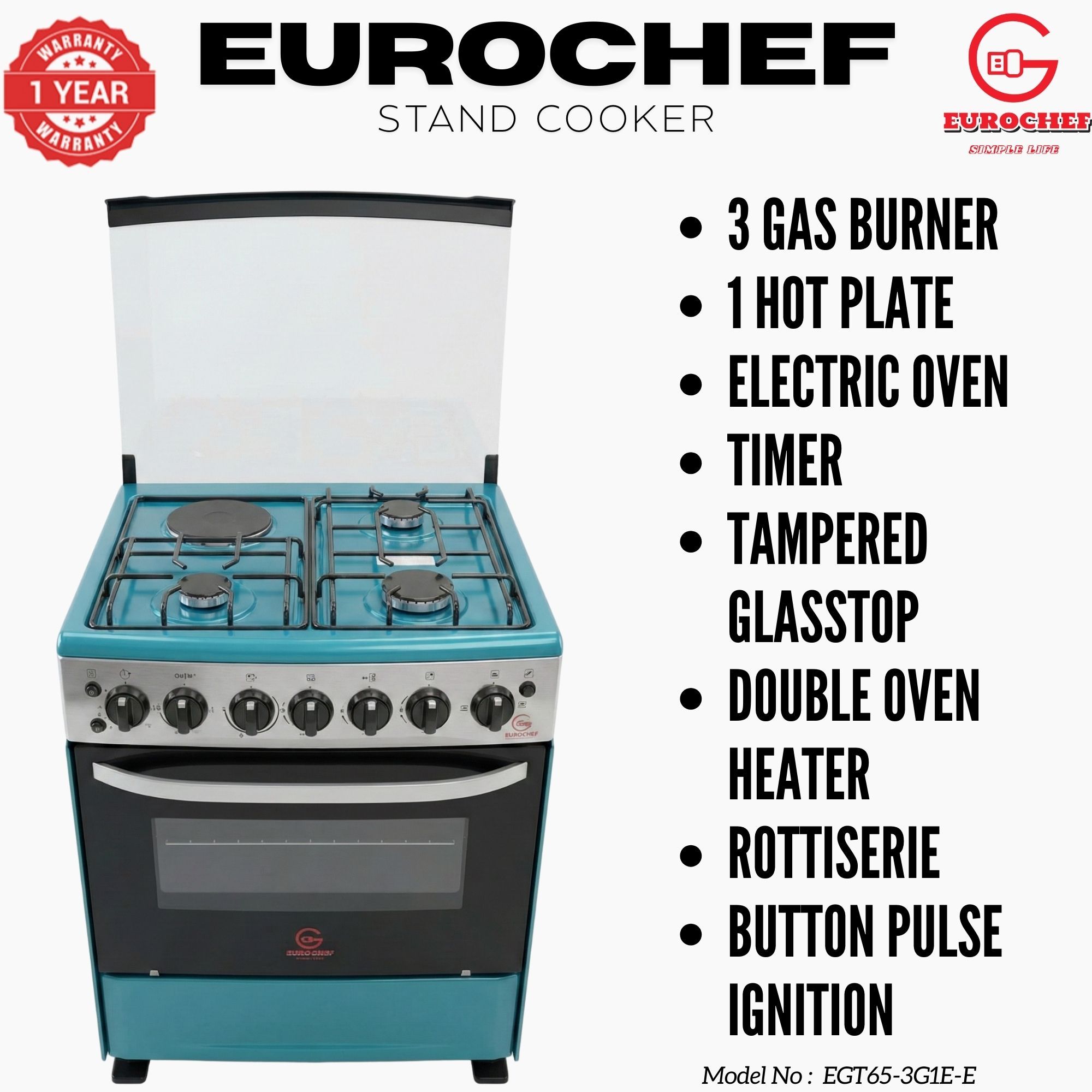 【LIMITED OFFER】 EUROCHEF 60X65 EGT65-3G1E-E Home Improvement 67l  Free Standing Gas Cooker  3 Gas +1 Hotplate Kitchen Appliance With Electric Oven