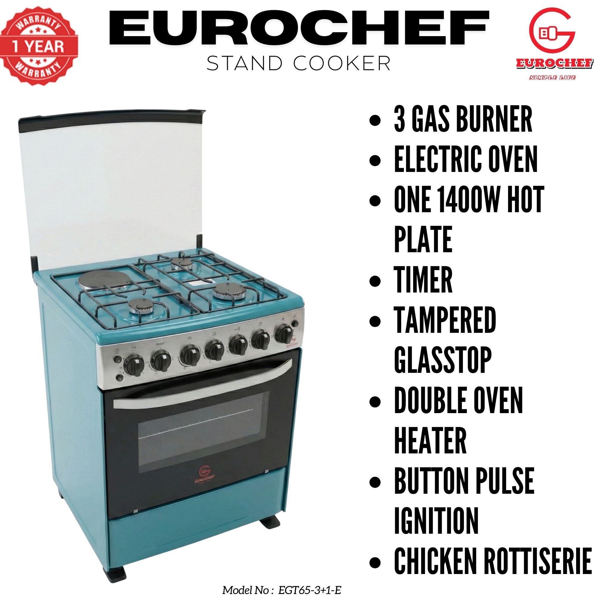 【LIMITED OFFER】 EUROCHEF 60X65 EGT65-3G1E-E Home Improvement 67l  Free Standing Gas Cooker  3 Gas +1 Hotplate Kitchen Appliance With Electric Oven