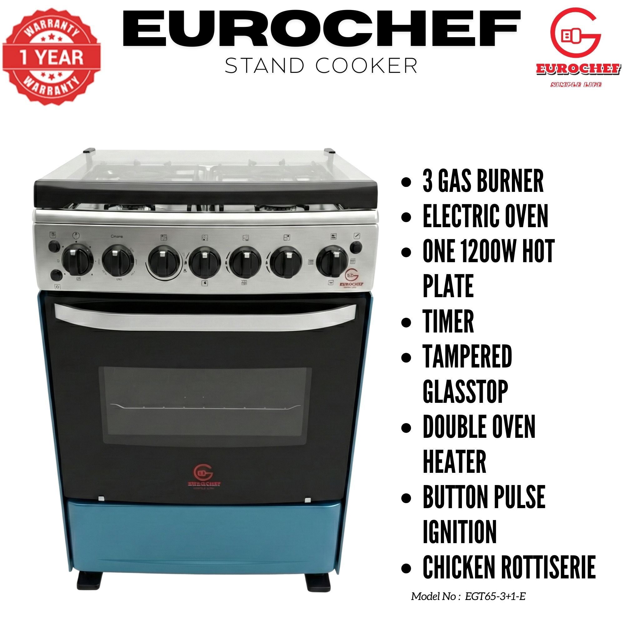【LIMITED OFFER】 EUROCHEF 60X65 EGT65-3G1E-E Home Improvement 67l  Free Standing Gas Cooker  3 Gas +1 Hotplate Kitchen Appliance With Electric Oven