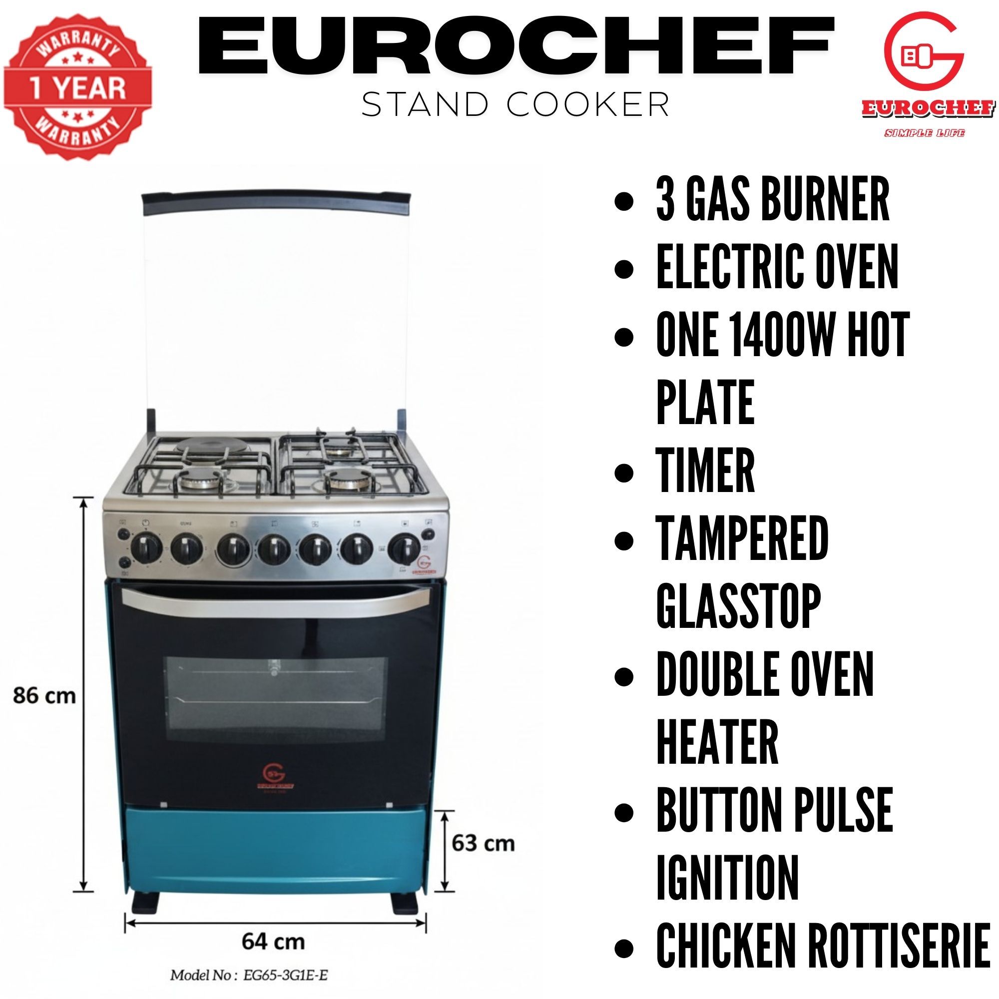 【LIMITED OFFER】 EUROCHEF 60X65 EGT65-3G1E-E Home Improvement 67l  Free Standing Gas Cooker  3 Gas +1 Hotplate Kitchen Appliance With Electric Oven
