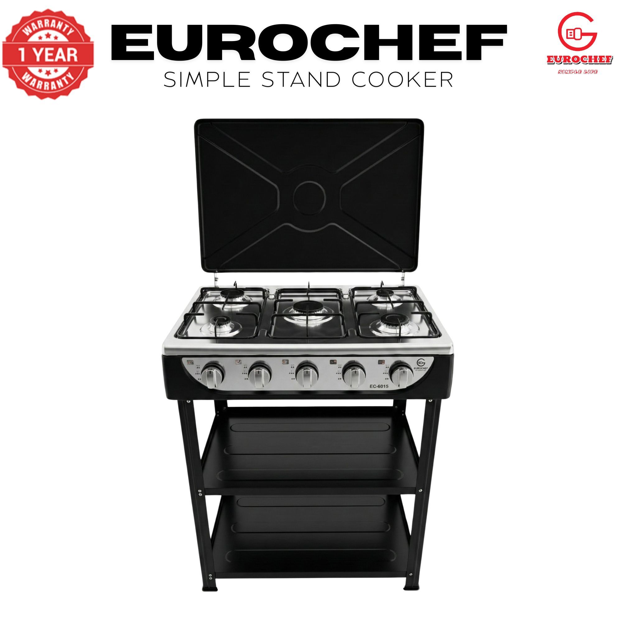 【Exclusive Offer】 EUROCHEF EC-6015  Simple Standing Cooker Full 5 Gas Cooker With Shelves & No Oven
