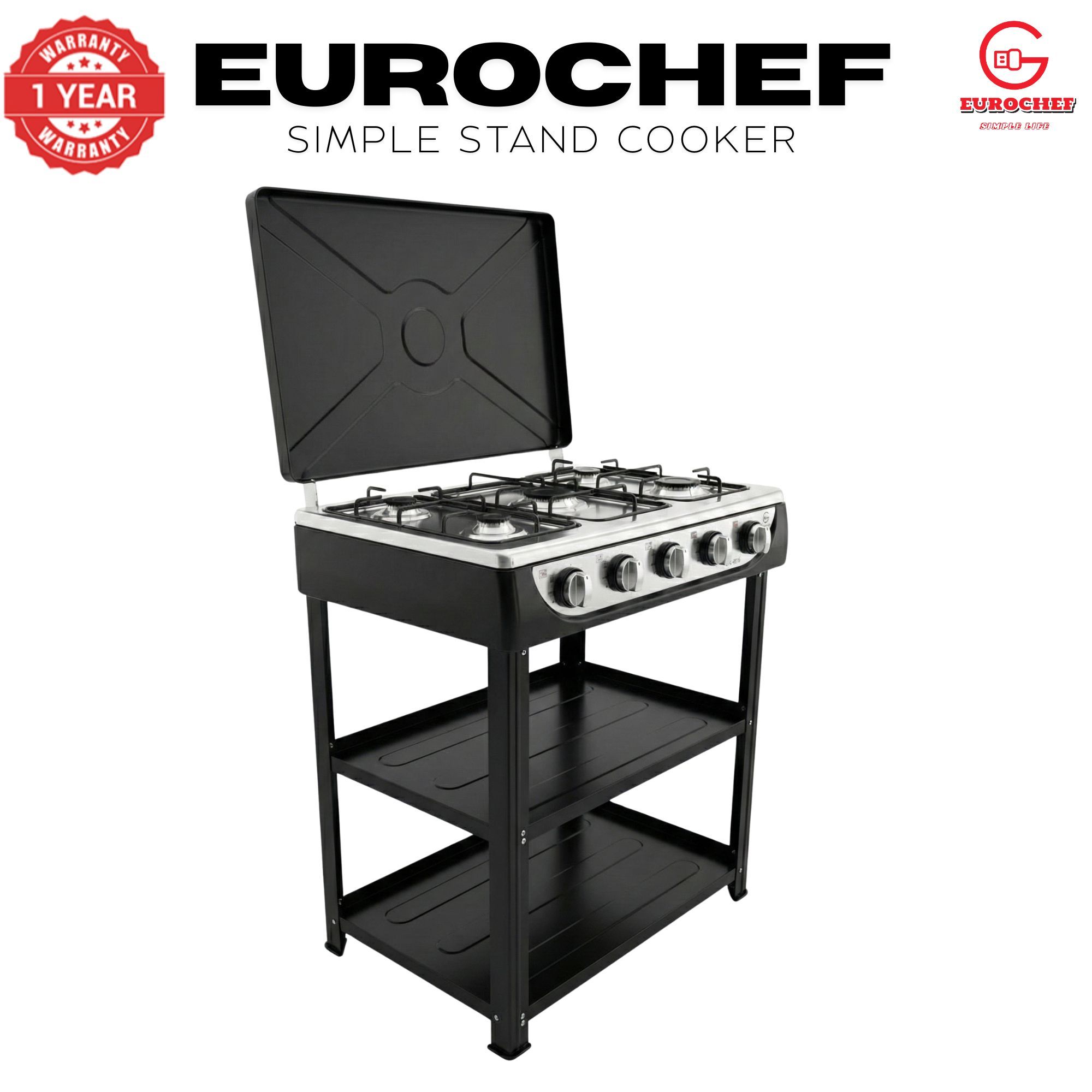 【Exclusive Offer】 EUROCHEF EC-6015  Simple Standing Cooker Full 5 Gas Cooker With Shelves & No Oven