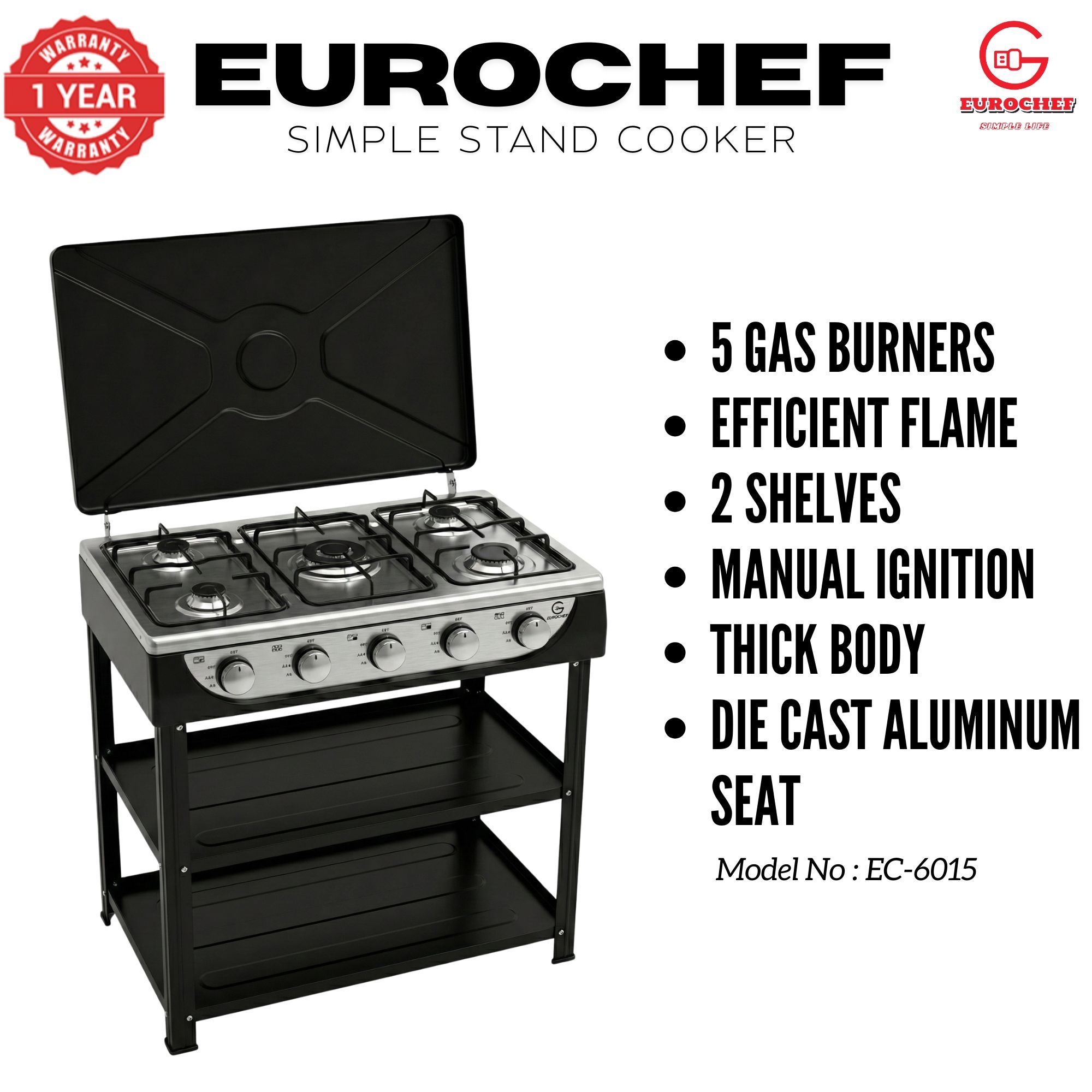 【Exclusive Offer】 EUROCHEF EC-6015  Simple Standing Cooker Full 5 Gas Cooker With Shelves & No Oven