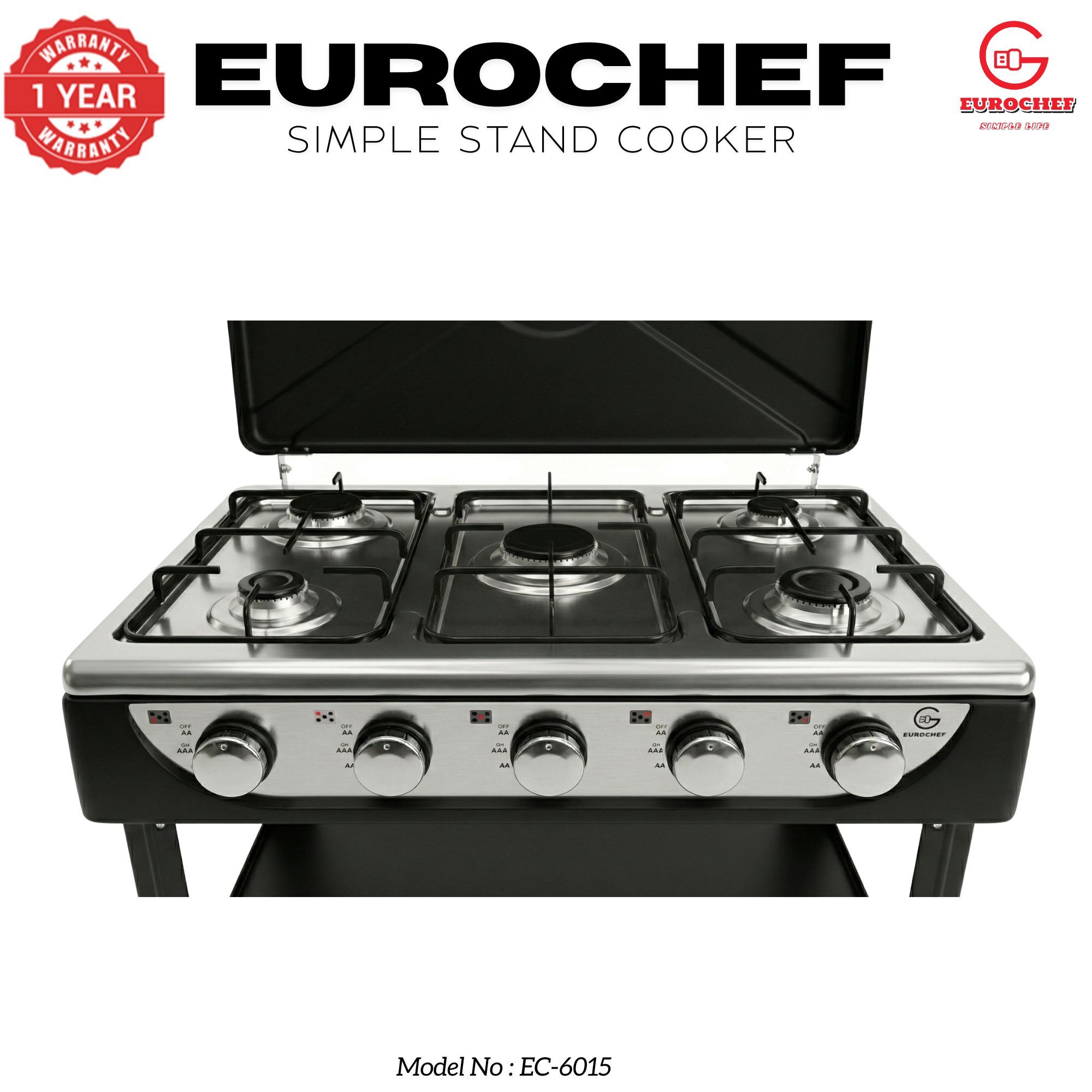 【Exclusive Offer】 EUROCHEF EC-6015  Simple Standing Cooker Full 5 Gas Cooker With Shelves & No Oven