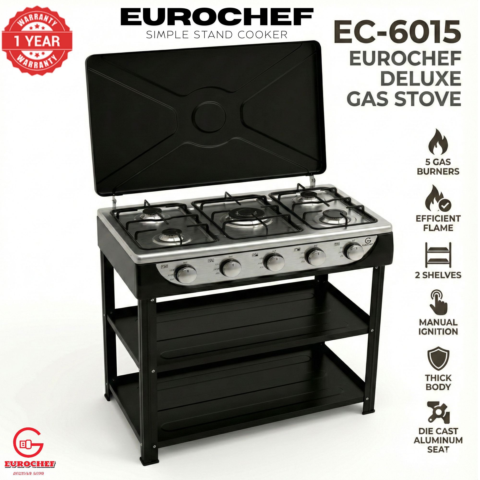 【Exclusive Offer】 EUROCHEF EC-6015  Simple Standing Cooker Full 5 Gas Cooker With Shelves & No Oven